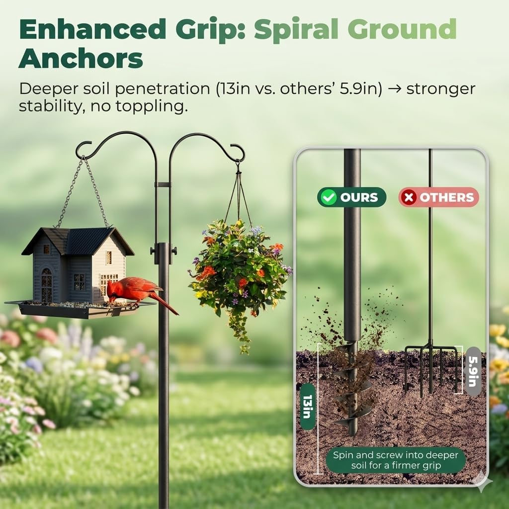 MrCrafts 82 Inch Bird Feeder Pole with Spiral Ground Anchor, Heavy Duty Shepherds Hooks for Outdoor Bird Feeder Stand, Extra Stable Metal Garden Hook for Hanging Plants, Solar Lights, Baskets, Black