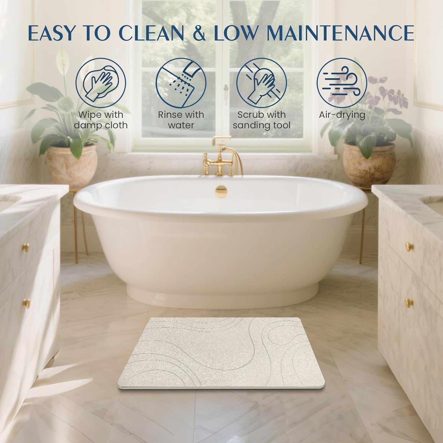 Stone Bath Mat Quick Dry Diatomaceous Earth Bath Mat Non-Slip Shower Stone Bathmat Super Absorbent Water Diatomite Bathroom Floor Pad Elegant,Natural,Esay to Clean (Flow Line-Beige)