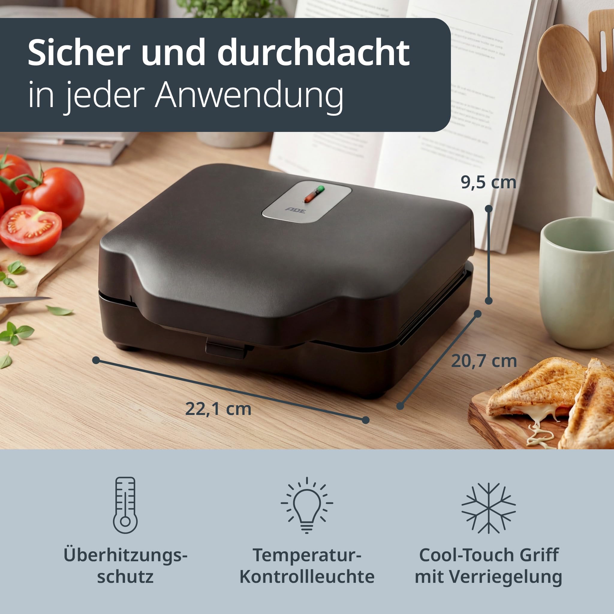 ADE 3-in-1 Sandwichmaker | Sandwichtoaster & Panini-Maker | 800W | Antihaft | Waffeleisen & Kontaktgrill mit 3 Wechselplatten | belgische Waffeln & goldbraune Toasts fürs Sonntagsfrühstück