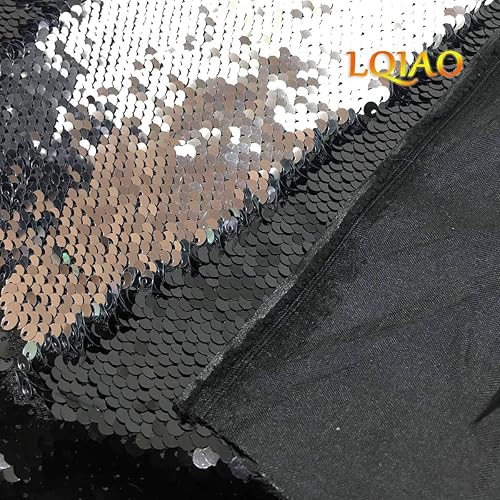 Miniatura 4 de LQIAO - Tela de lentejuelas negras y plateadas, diseño de sirena, de doble color, reversible, tela de costura brillante, dos tonos por yarda, tela