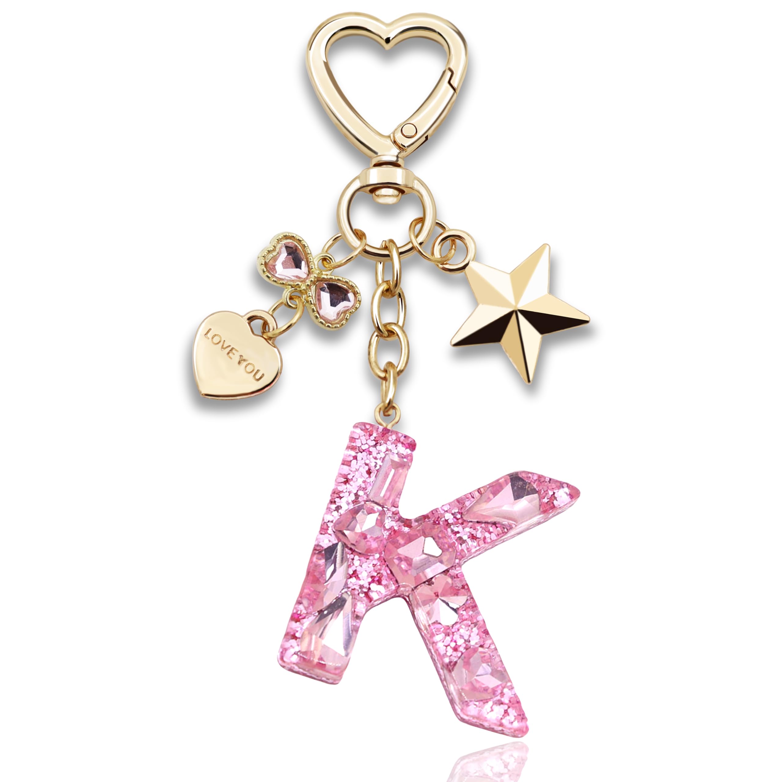 Glitter Initial Letter Keychain Gift for Women Cute Pink Resin Keychains for Bag