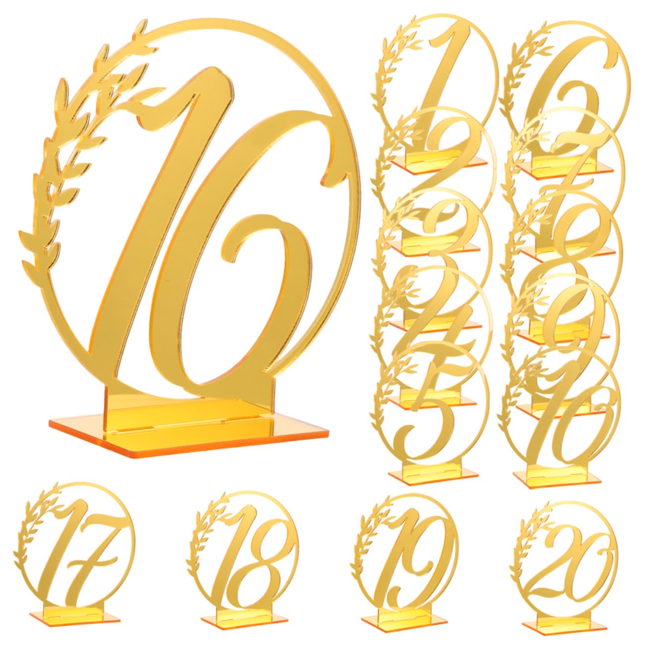 CANIGHT Números de Mesa para Boda 1-20 en Acrílico Dorado 3.94x4.13 Pulgadas Base Resistente para Decoración de Eventos y Fiestas Elegantes