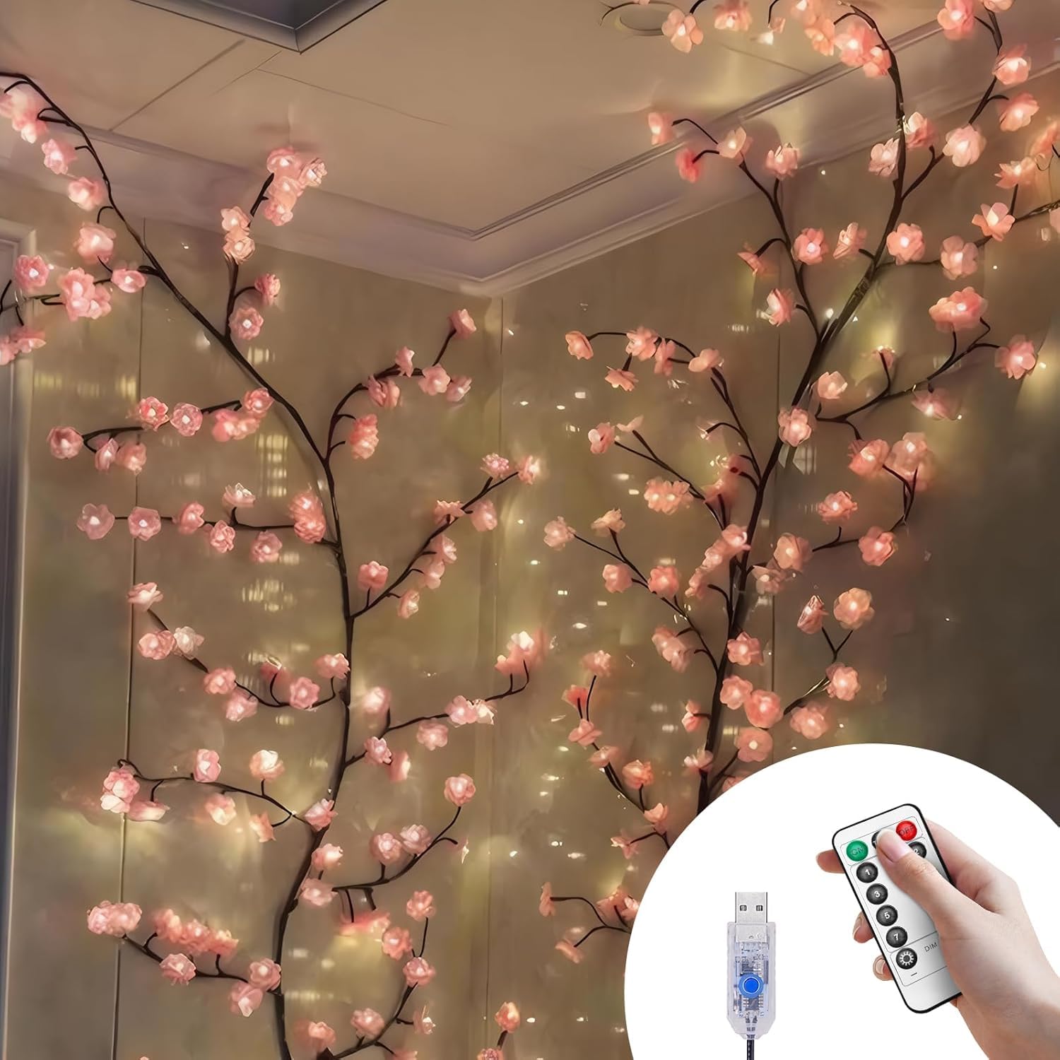 BomKra Fiori di ciliegio Willow Vine Decorazione da parete - 180 cm 96 LED Catena luminosa decorativa da parete con telecomando, 8 modalità, timer alimentato USB, luci dell'albero di salice per