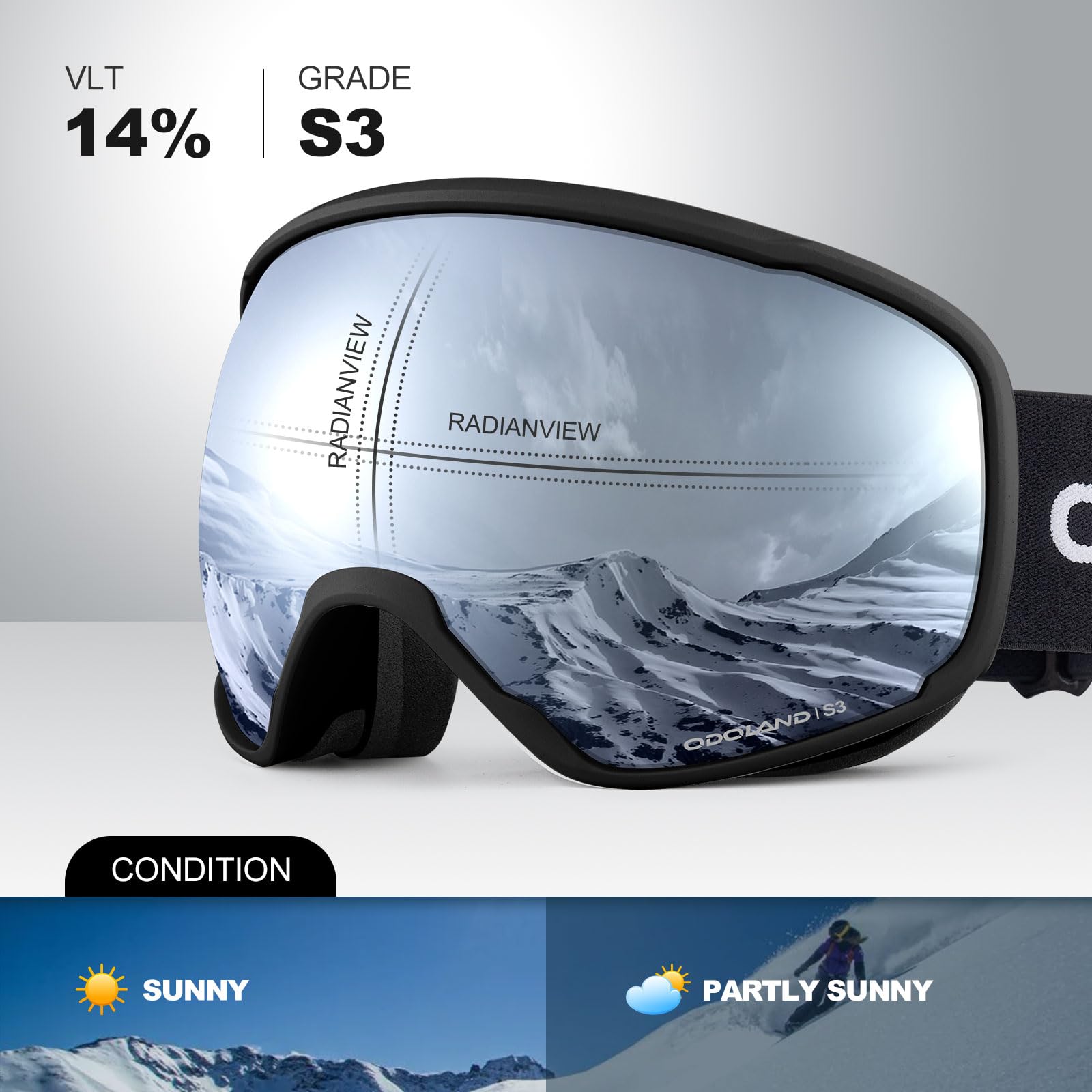 Odoland Lunettes de Ski Masque de Snowboard pour Homme & Femme Anti-UV400, Anti-Buée, Coupe-Vent, Lunettes de Protection avec Grande Lentille OTG Sphérique