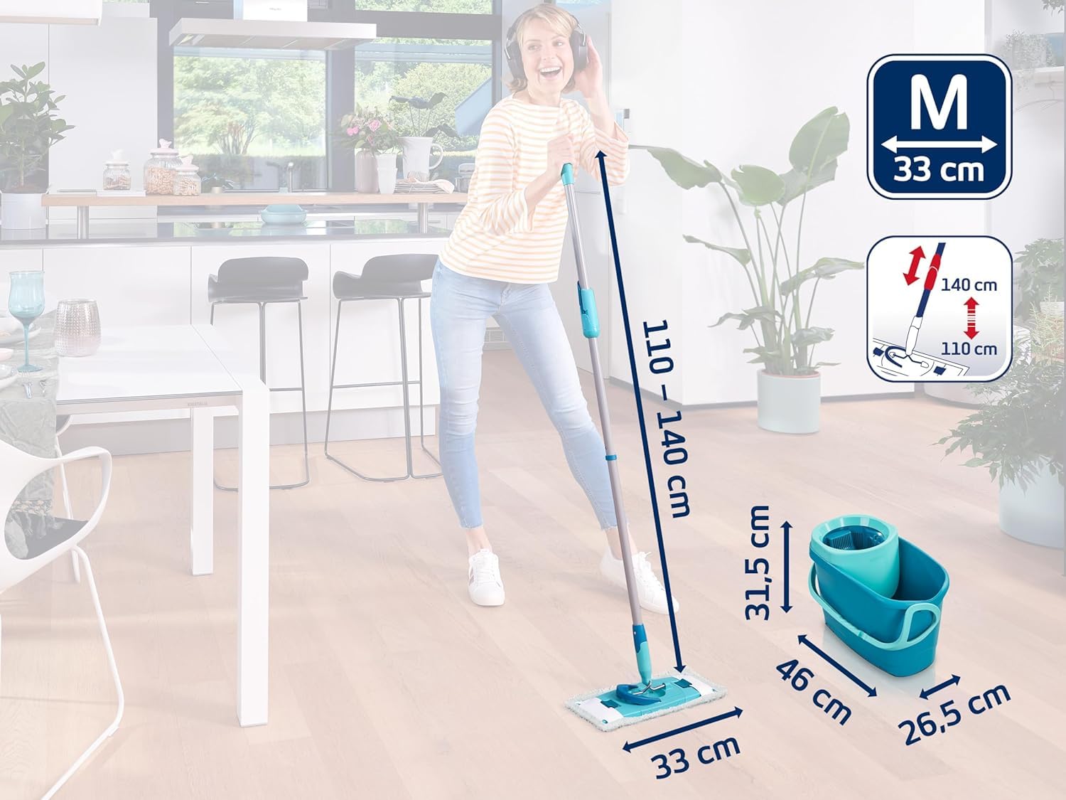 Leifheit Set Scopa Lavapavimenti CLEAN TWIST M Ergo, Strizzatura Rotante | Secchio 6 l con stop umidità, manico telescopico 110-140 cm, panno micro duo e duster static per pavimenti duri