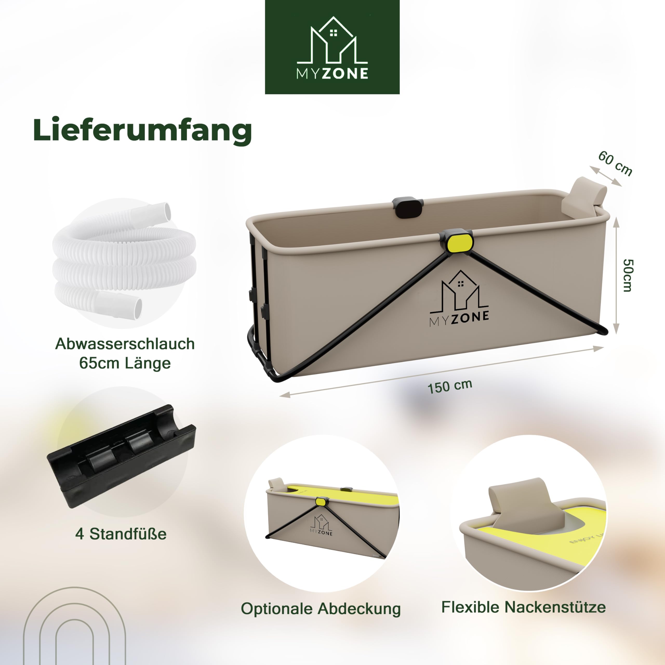 MyZone faltbare Badewanne, 150 x 60 x 50 cm | Klappbare, Mobile, Platzsparende, Badewanne für Dusche | Outdoor, Duschbadewanne, Eisbad/Eiswanne | Alternative zu aufblasbare Badewanne Erwachsene Grau