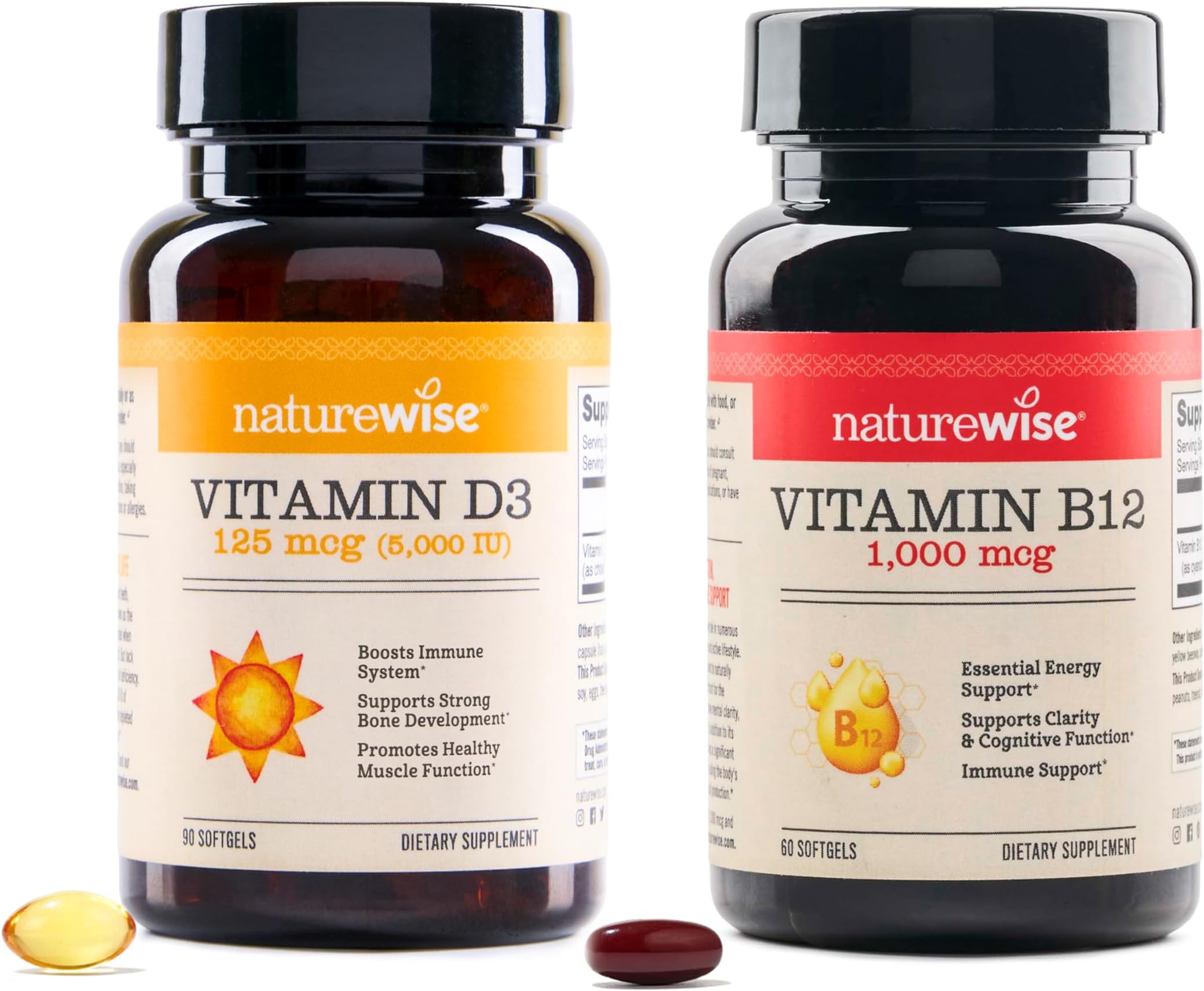 NatureWise Vitamin D3 5000iu, B12 1000mcg Mental Clarity Energy Support Immune Health Non-GMO Gluten Free Olive Oil Softgels