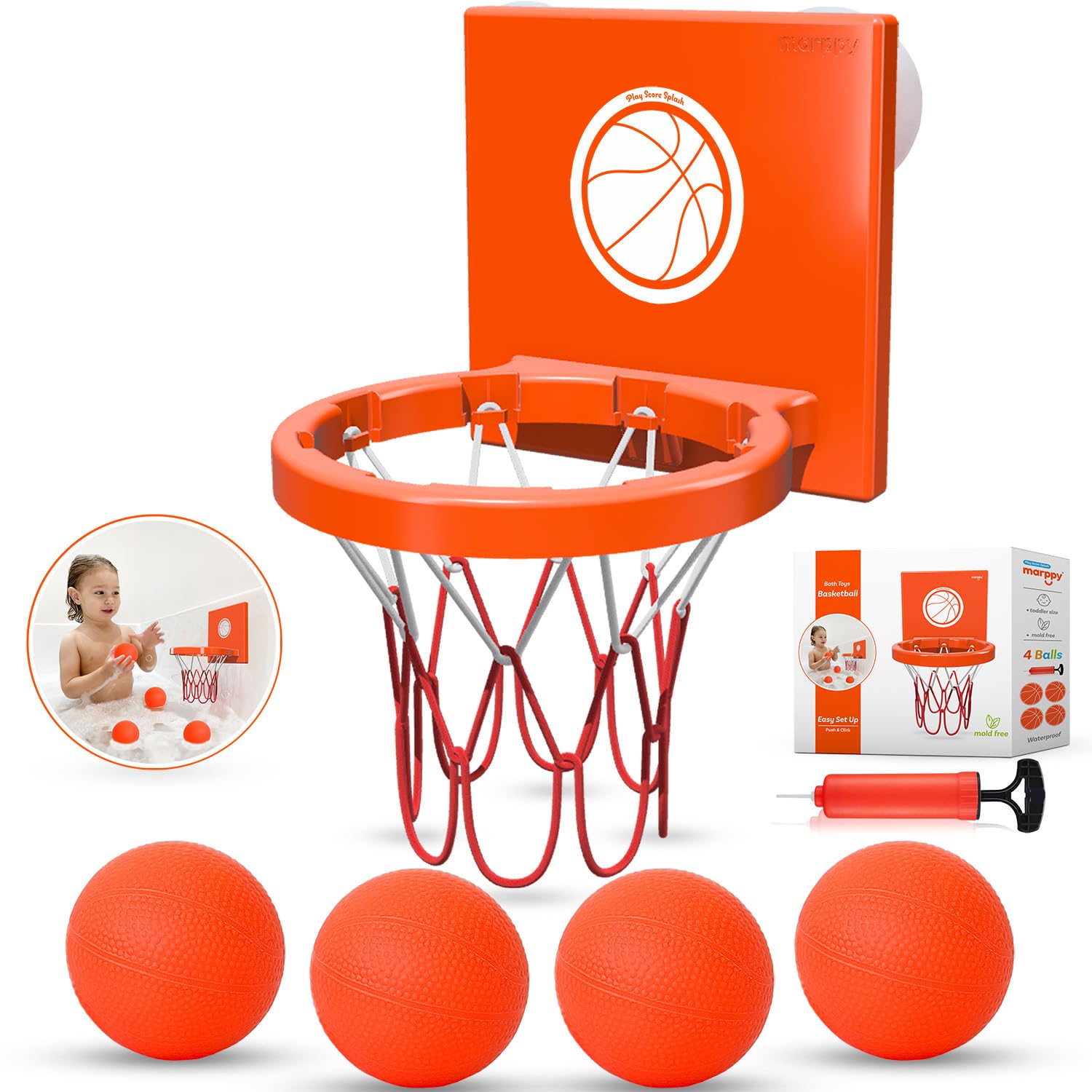 Bath Toys - Bathtub Basketball Hoop for Toddlers Kids | Suction Cups Baby Mini Basketball Hoop with 4 Soft Balls | Fun Bath Toy for Boys and Girls