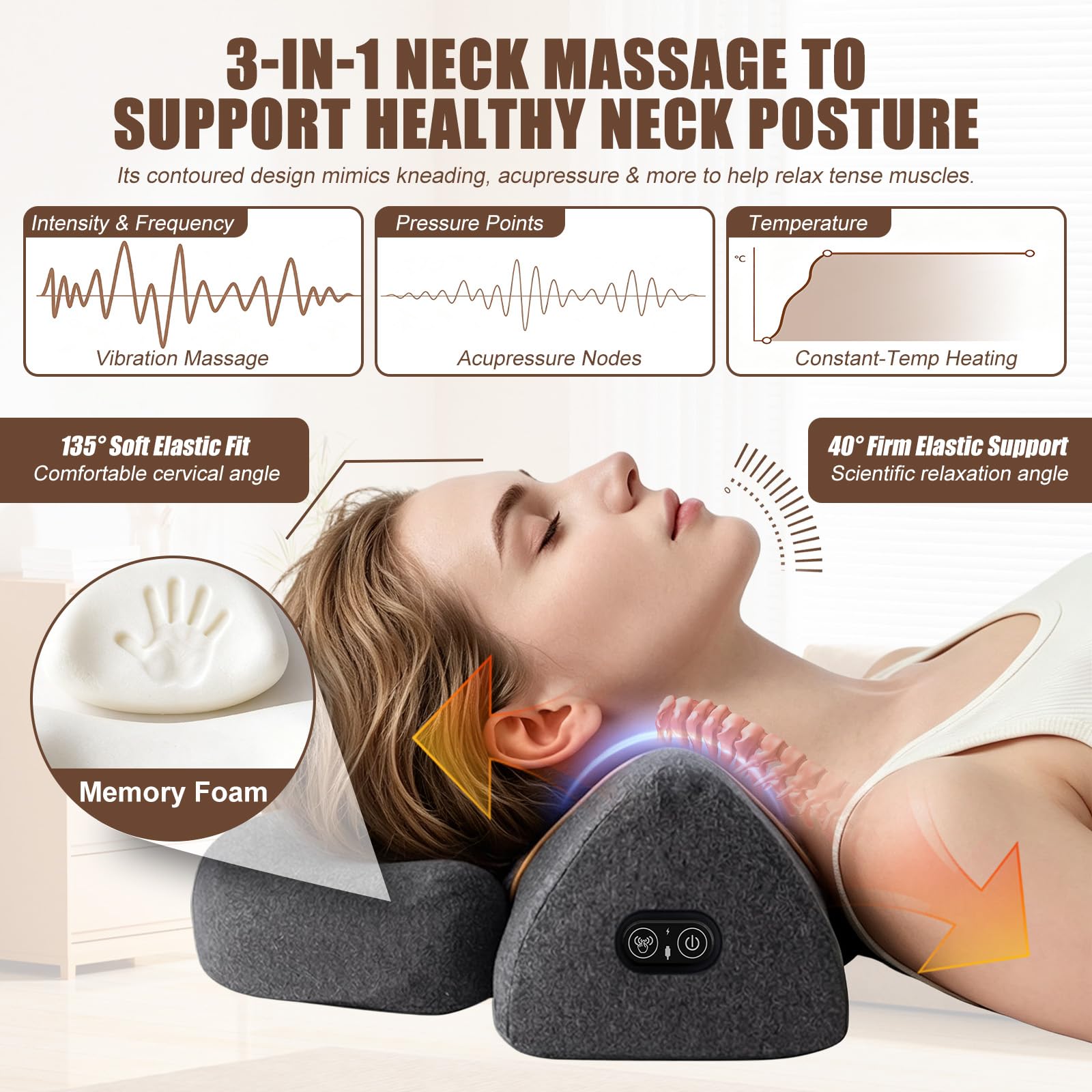 Cojín masajeador Cervical con calefacción, 3 en 1 masajeador de espalda y cerevicales con calefacción, vibración y tracción, intensidad ajustable, para aliviar el dolor de los tejidos profundos