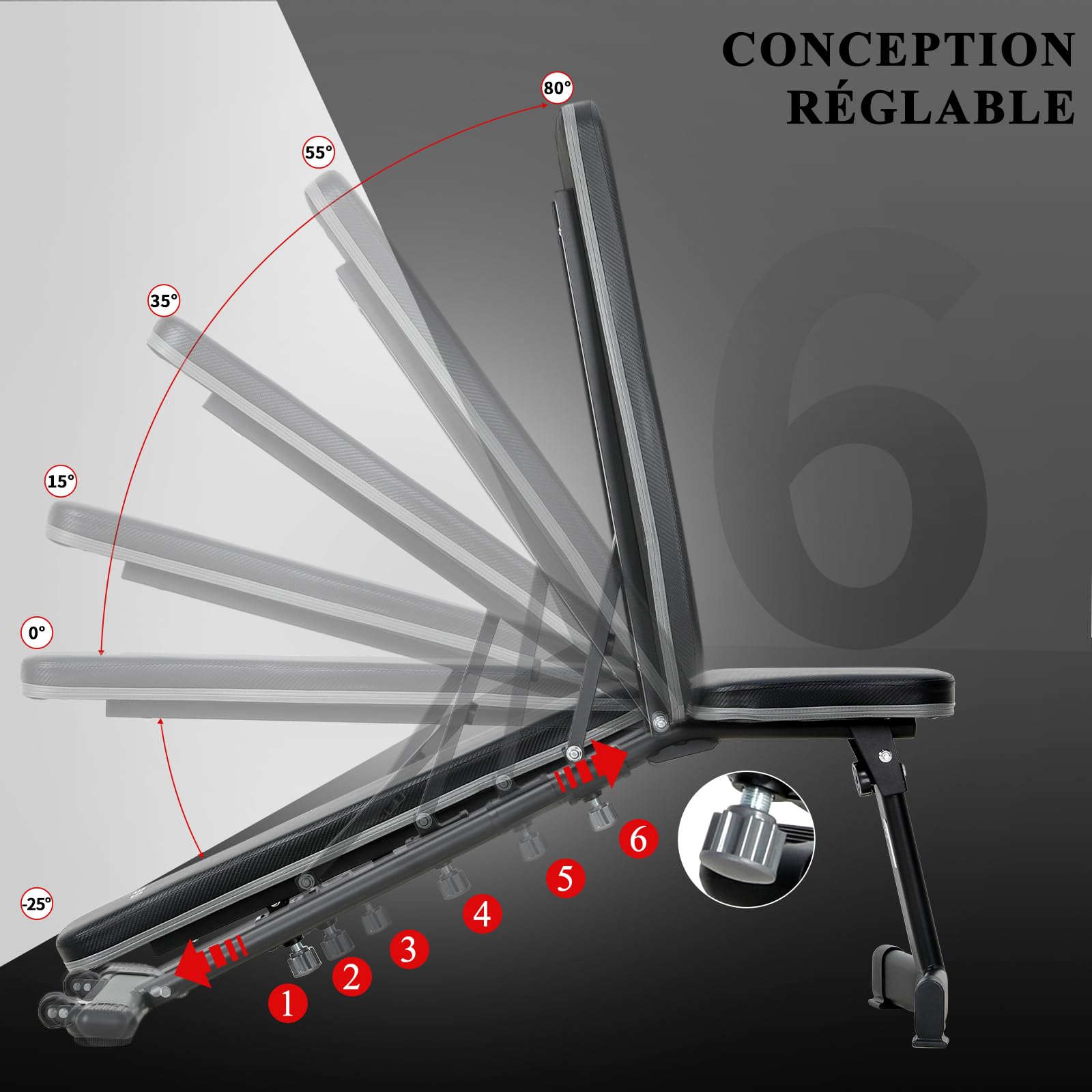 ISE Banc Musculation Pliable Complet Inclinable, Banc de Musculation Complet Pliable Multifonction, Banc Abdominaux&Bancs de Musculation 6 Positions Réglable(-25°-100°), Bench Musculation/Banc Muscu