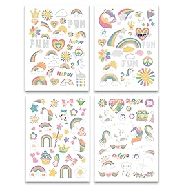 Waterproof Temporary Tattoos - 118pcs Groovy Fake Tattoo for Kids Birthday Party Supplies, Star Unicorn Smiley Rainbow Flower Candy Crown Arts and Crafts for Boys or Girls 6 7 8 9 10 11 12 years old