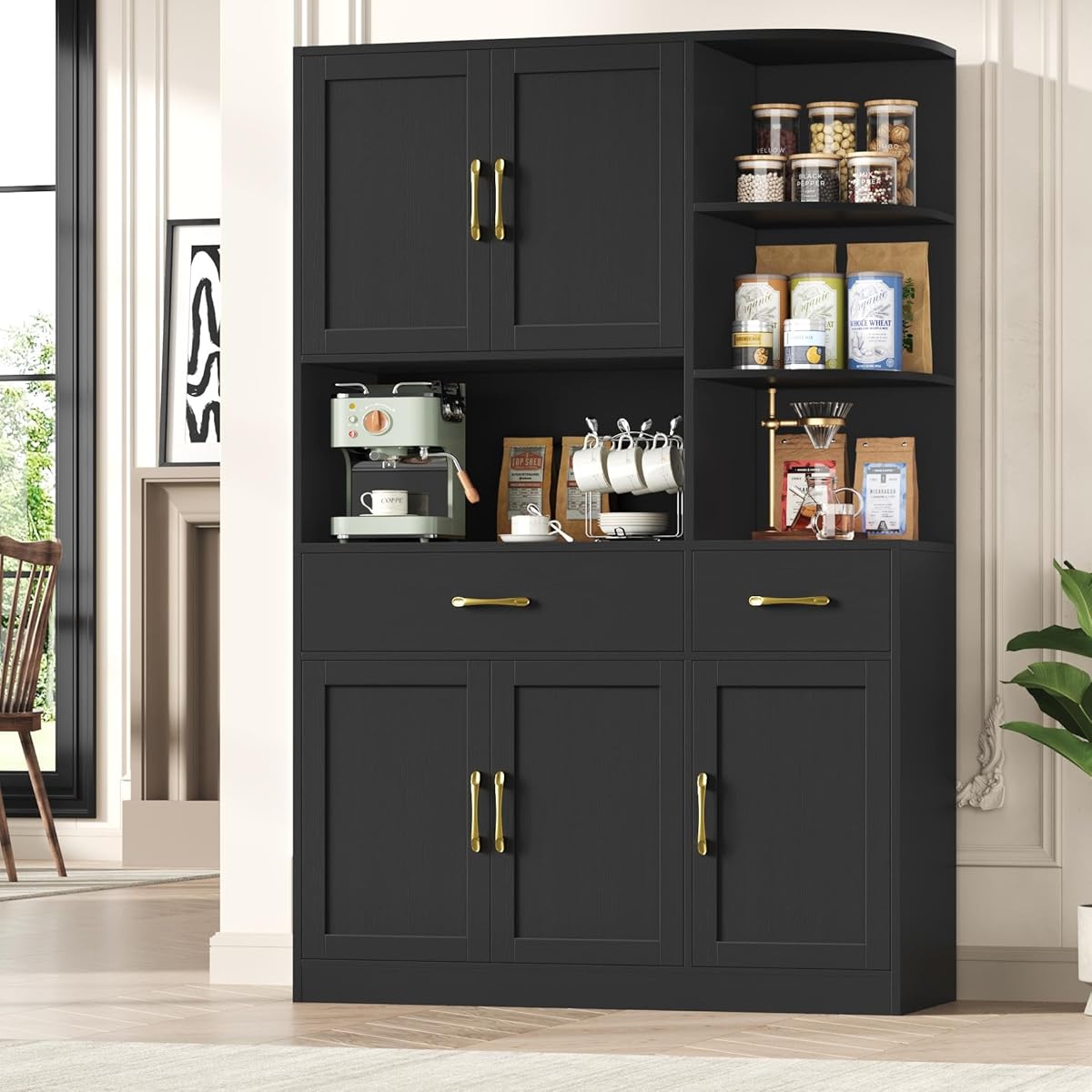 67" Kitchen Pantry Cabinet, Modern Kitchen Hutch with 5 Doors and 2 Drawers, 3-Tier External Shelf, Large Pantry Storage Cabinet with Microwave Stand for Dining Room, Black