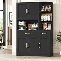 BOTLOG 67" Black Kitchen Pantry Cabinet: 5 Doors, 2 Drawers, Microwave Stand & 3-Tier Shelves - Modern Hutch for Kitchen Storage