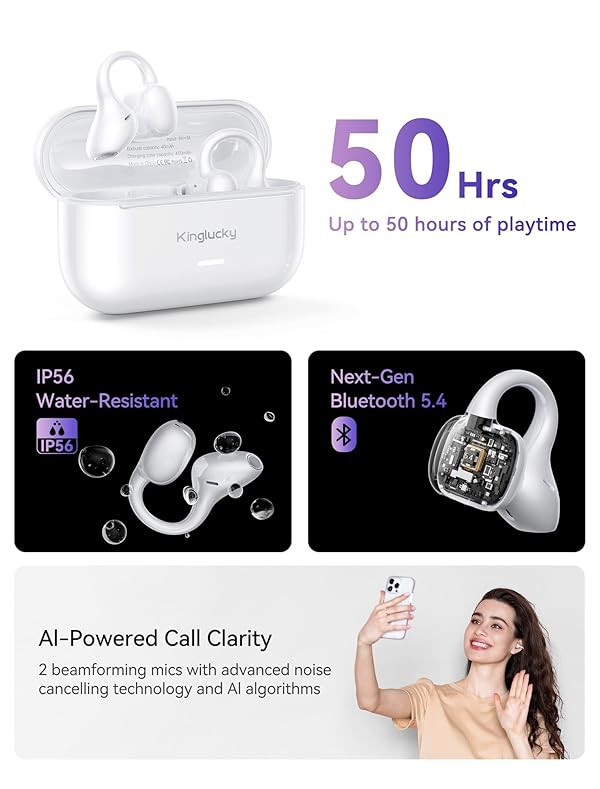 Kinglucky AirClip Open-Ear Headphones Comfortable & Secure, Immersive Sound, 50H Battery, Bluetooth 5.4 Wireless Earbuds, Lightweight & Glasses-Friendly Clip on Ear Buds for Commute All-Day Wear White by Kinglucky - Image 6