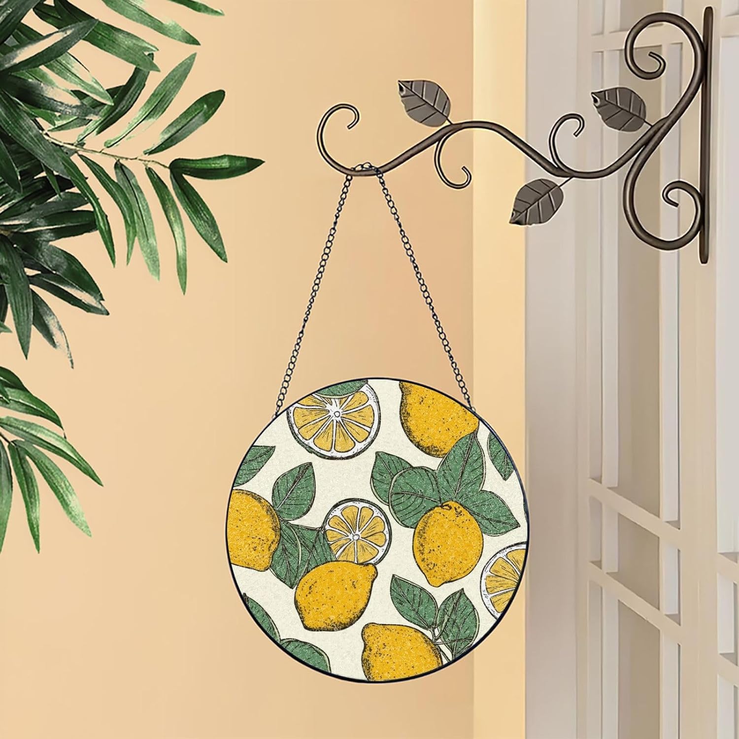 Stained Glass Window Hanging 6in（15cm）, Lemon Fruit Pattern Glass Suncatcher for Home Decor, Indoor Wall Art Glass Panel with Metal Chain and Hooks, Sun Catcher Ornament Birthday Gifts