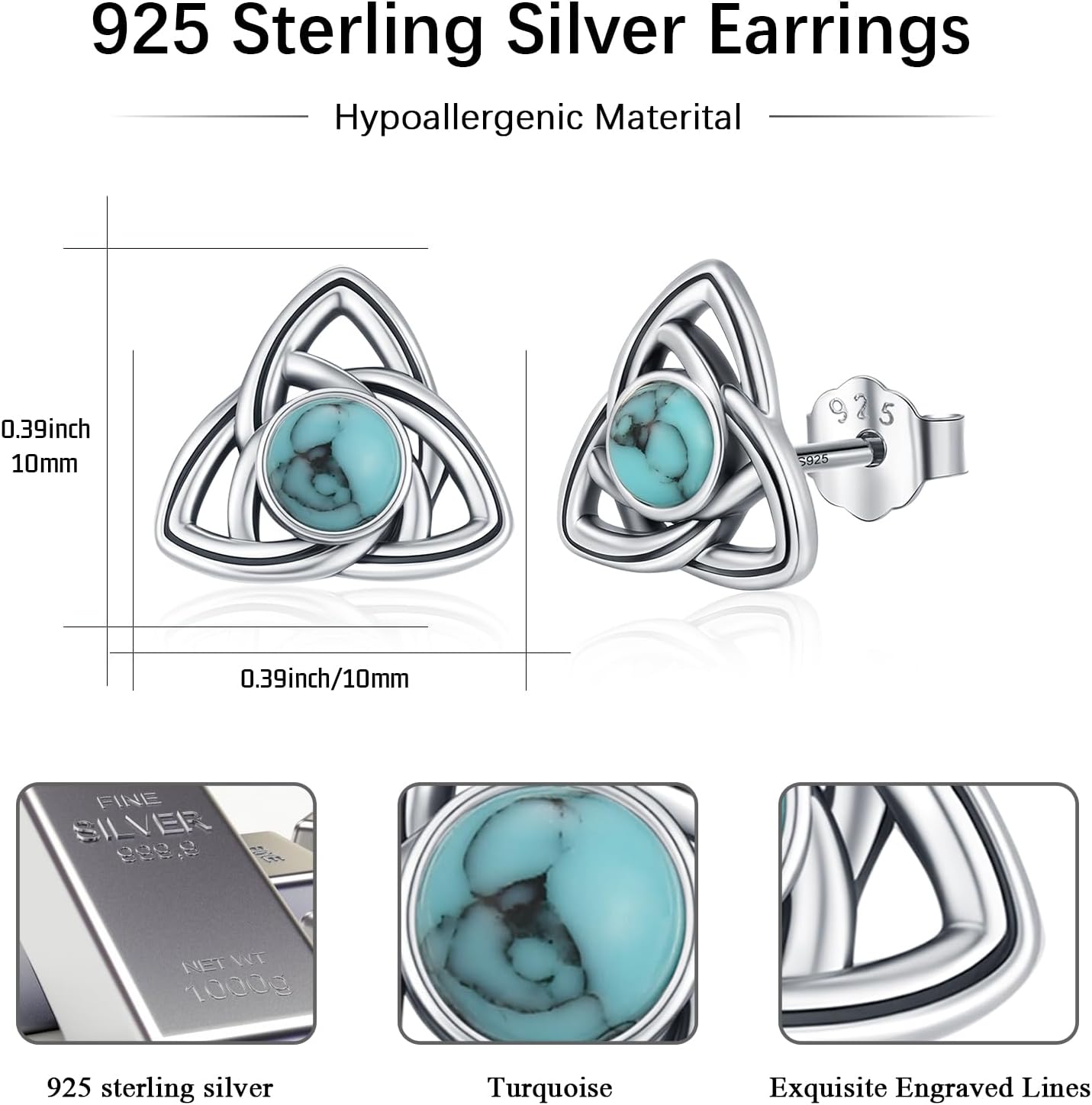 Celtic Earrings 925 Sterling Silver Good Luck Irish Turquoise/Malachite/Moss Agate/Moonstone/Opal Celtic Knot Earrings Hypoallergenic Jewelry Gifts For Women Men - Image 4