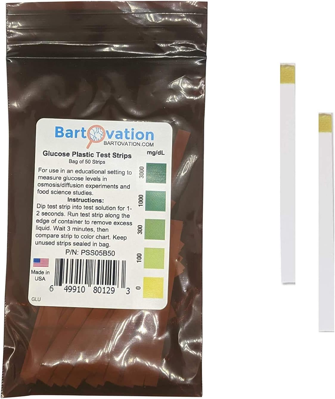 Scientific Glucose Test Strips for Food Science or Osmosis/Diffusion Experiments [Bag of 50 Plastic Strips]