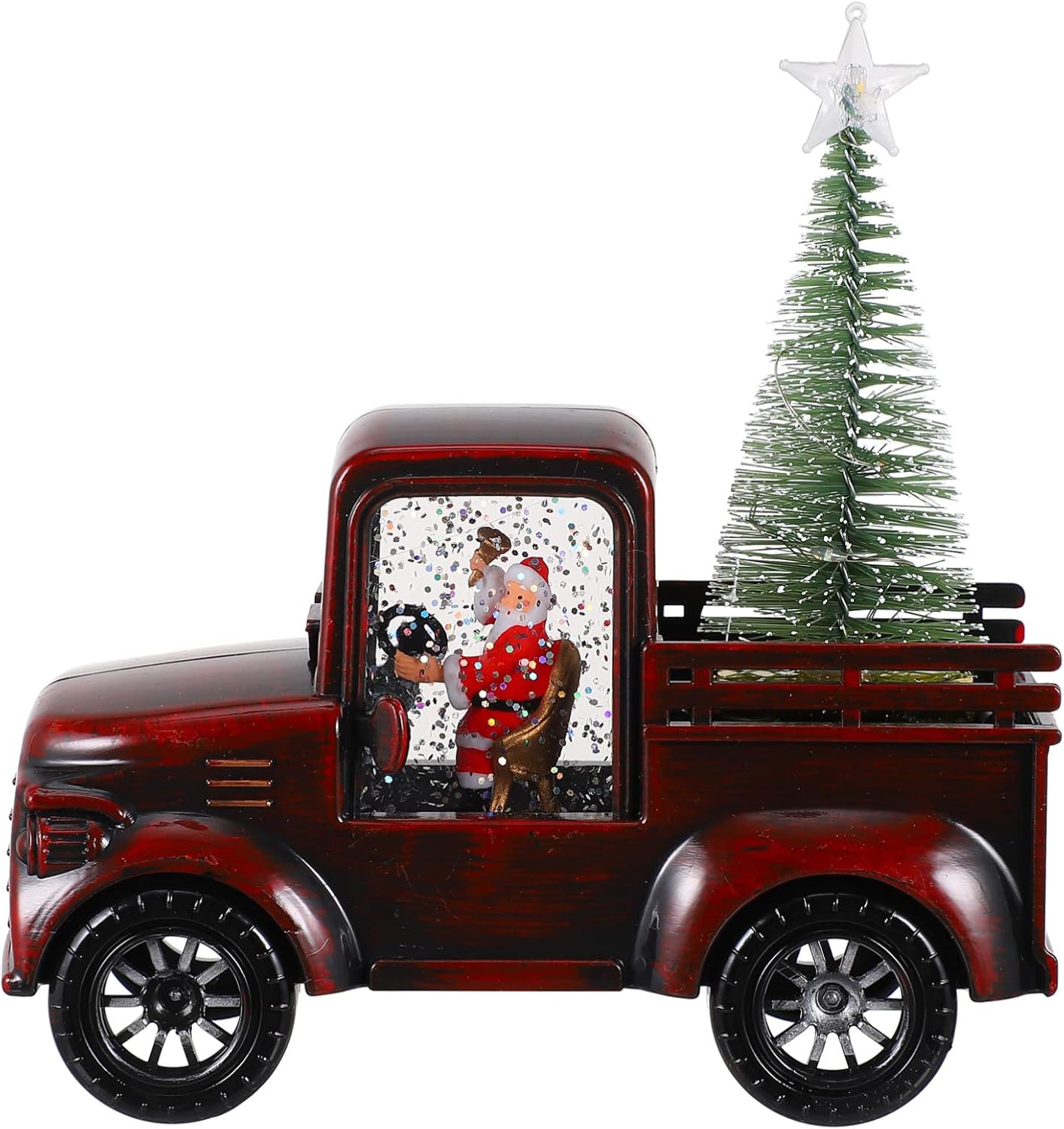 NUOBESTY Mini Vintage Christmas Truck Decor Snow Globe Lantern With Glowing Mini Christmas Tree for Home Tabletop Decoration (Claret)