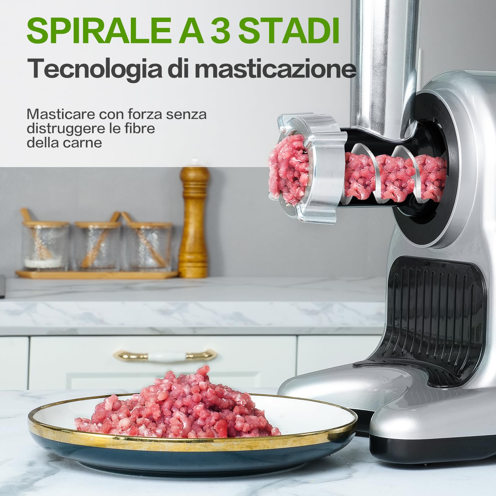 AMZCHEF Macchina 4-IN-1 | ①Estrattore / ②Grattugia Elettrica per Formaggio e Verdure / ③Tritacarne / ④Riempitrice per Salsicce | Argentori di Succhi con 80MM e Attacco Multifunzionale - Argento