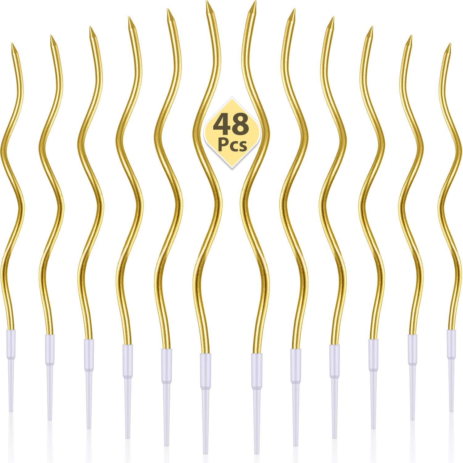 48 Pieces Twisty Birthday Spiral Cake Candles with Holders Long Thin Curly Coil Metallic Cake Cupcake Candles for Birthday Wedding Party Decoration(Metallic Gold)