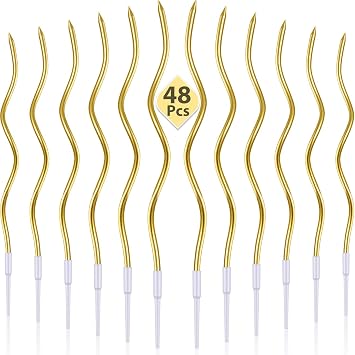 48 Pieces Twisty Birthday Spiral Cake Candles with Holders Long Thin Curly Coil Metallic Cake Cupcake Candles for Birthday Wedding Party DecorationMetallic Gold