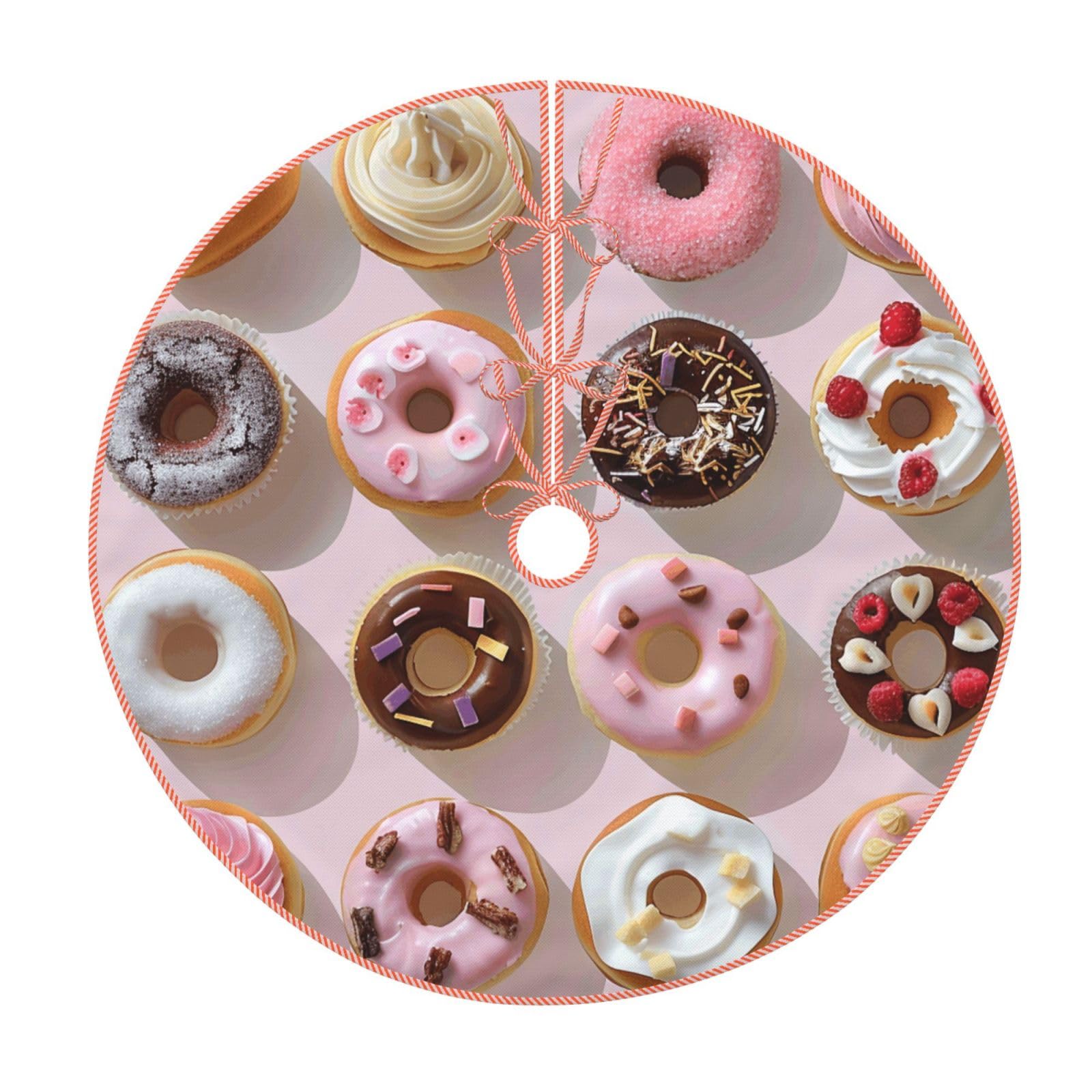 Cupcakes Donuts Muffins Sugar Printed Imitation Linen Christmas Tree Skirt with Stripe Bandage, Xmas Tree Cover Mat for Christmas New Year Party Home Decor, 30 inch
