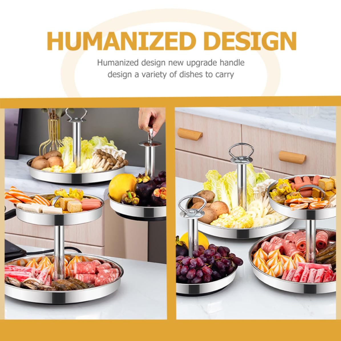 Operitacx Plateau à Gâteau en Métal Double Couche en Acier Inoxydable, Plateau Ménager Pratique et Portable pour Fruits et Légumes, Cuisine et Service