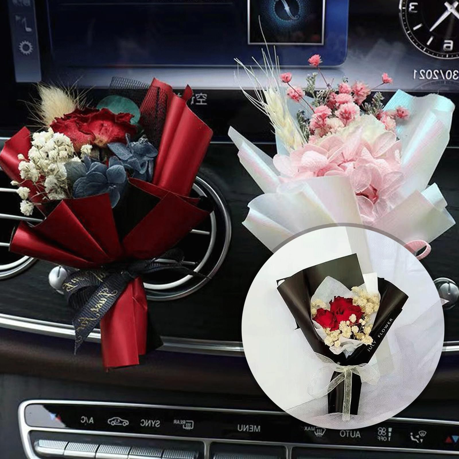 3 mini bouquet di fiori secchi, clip per bocchetta dell'aria dell'auto, decorazione per interni dell'auto, decorazione floreale per presa d'aria dell'auto, decorazione per auto, cruscotto, regali