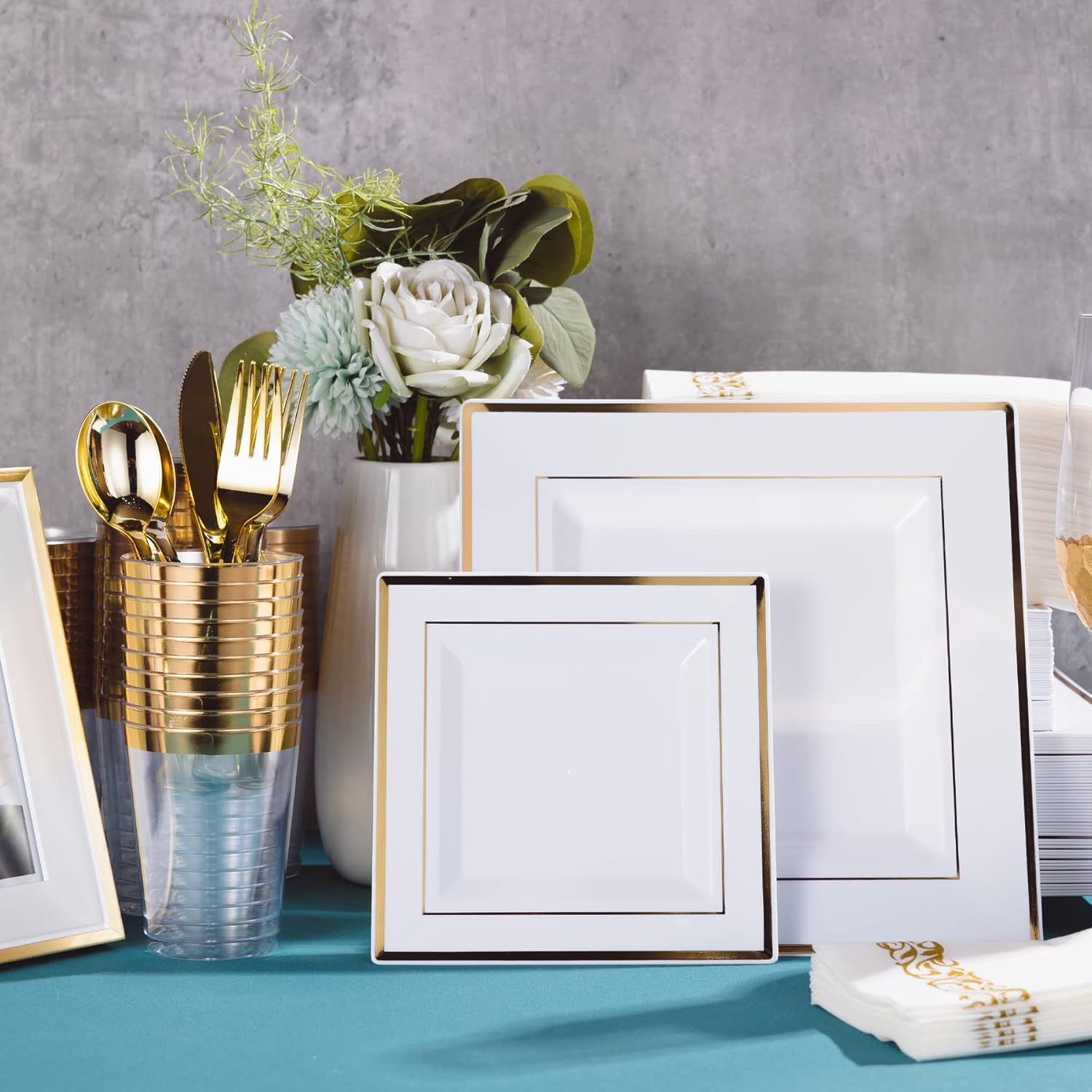 N9R 50 Guest Gold Dinnerware Set-100 White Square Plastic Plates with Gold Rim, 50 forks, 50 Spoons, 50 Knives, 50 Cups, 50 Napkins-Disposable Dinnerware Set for Wedding - Image 7