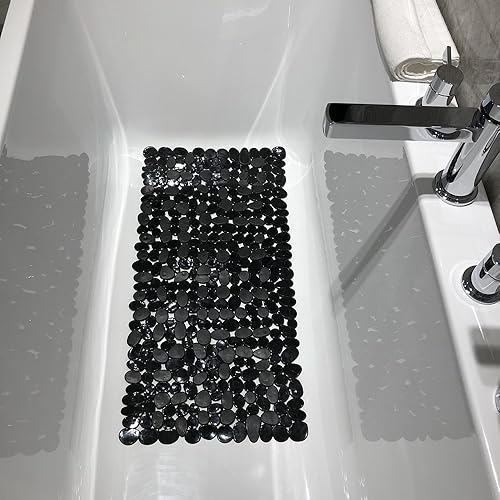 Miniatura 2 de Tapetes de baño antideslizantes con piedra de guijarros, antideslizantes, lavables a máquina (negro, 14 pulgadas de ancho x 27 pulgadas de largo,