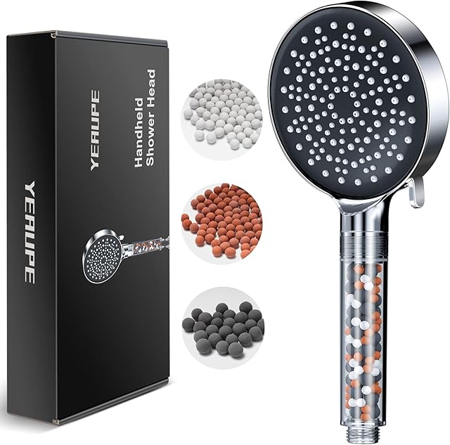 Shower Head High Pressure with Filter - YEAUPE Handheld Water Saving 6 Modes Shower Heads for Hard Water Low Water Pressure with Anti-limescale Silicone Nozzles(Shower Head Without Hose), Chrome