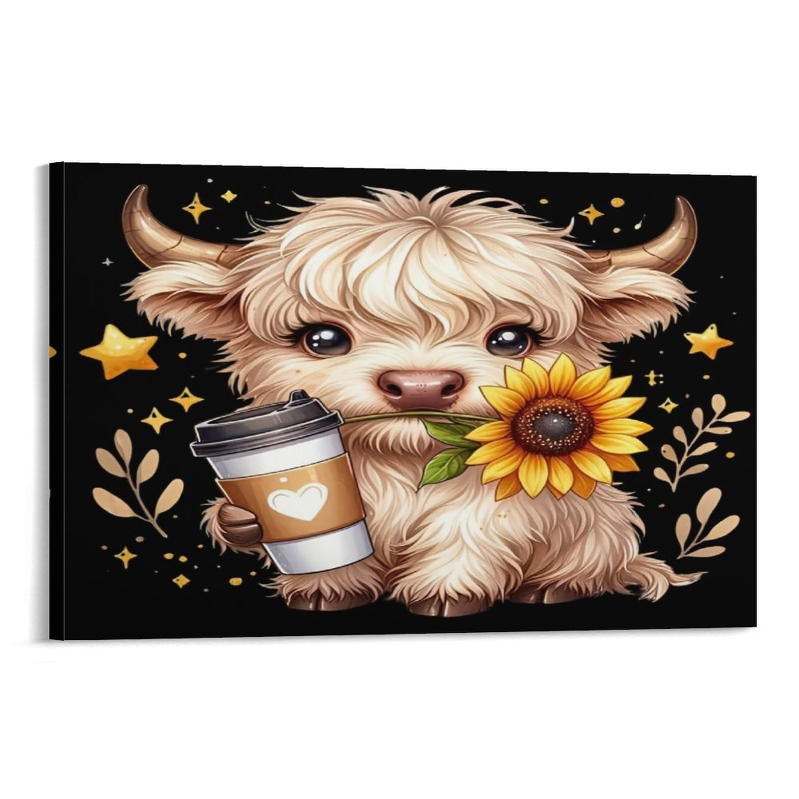 Cplvkwrqj Frame-Style-9 Cute Bull With Coffee Single Piece White Cow Coffee Sunflower Stars Framed Wall Art - Living Room Gallery Wall Focal Point Ready To Hang Decor 20X30inch(50X75cm)