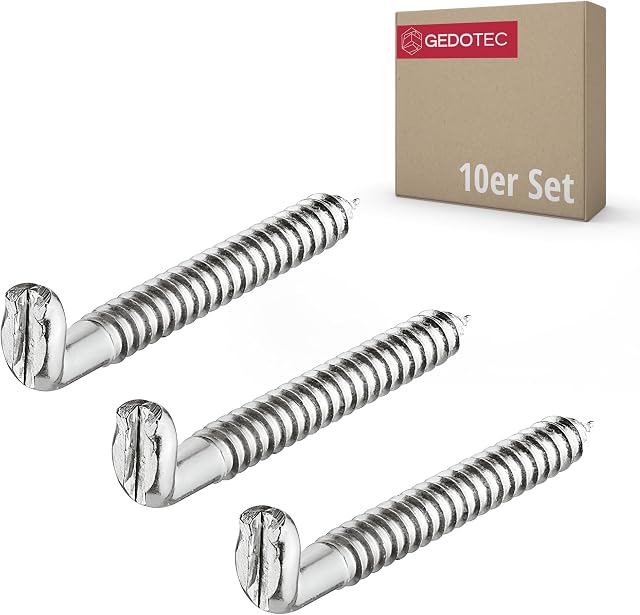 Gedotec Zestaw haków śrubowych, metalowe haki z otworem na zdjęcia i meble, proste do wkręcania, długość 55 mm, grubość 5,8 mm, stal ocynkowana, 10 sztuk  śruby hakowe z kołkami