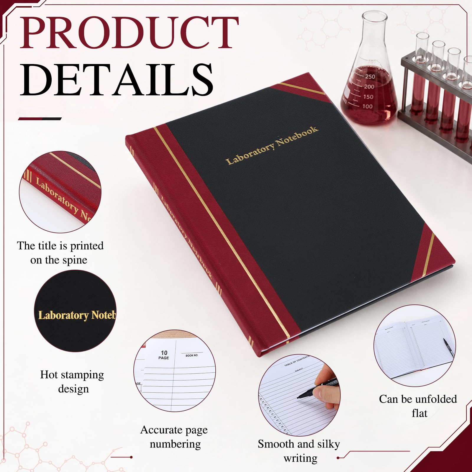 Watersay Carnet de laboratoire noir pour organisation de projet, 96 pages, 20,3 x 25,4 cm, carnet de notes pour l'ingénierie graphique, chimie, laboratoire de calcul