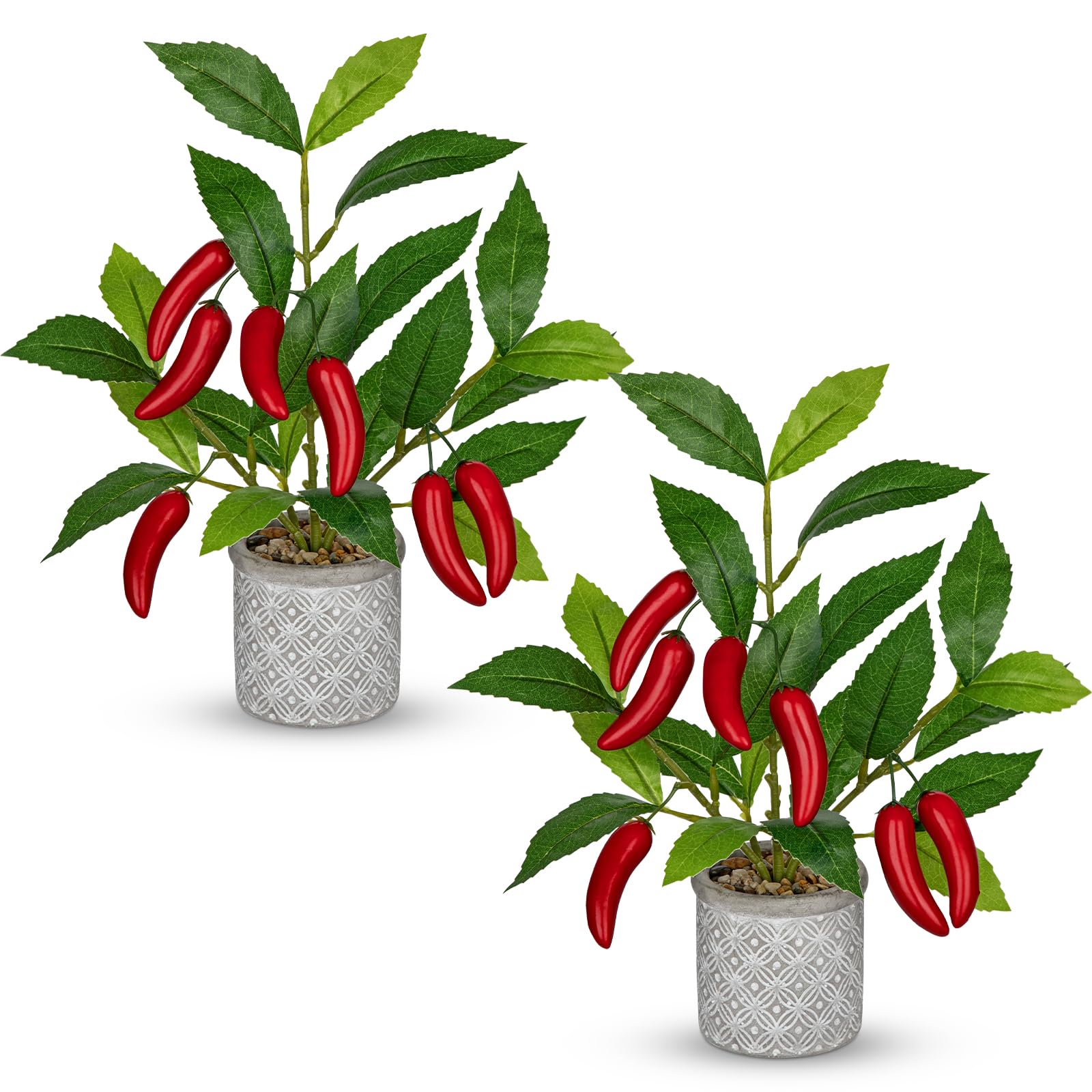 Hollyone 2PCS 28CM Artificial Chili Pepper Plant in Cement Pot, Fake Potted Plant Decorative Faux Plants, Small Faux Chili Tree for Bedroom, Living Room, Bathroom, Desk, Table, Kitchen, Home Decor