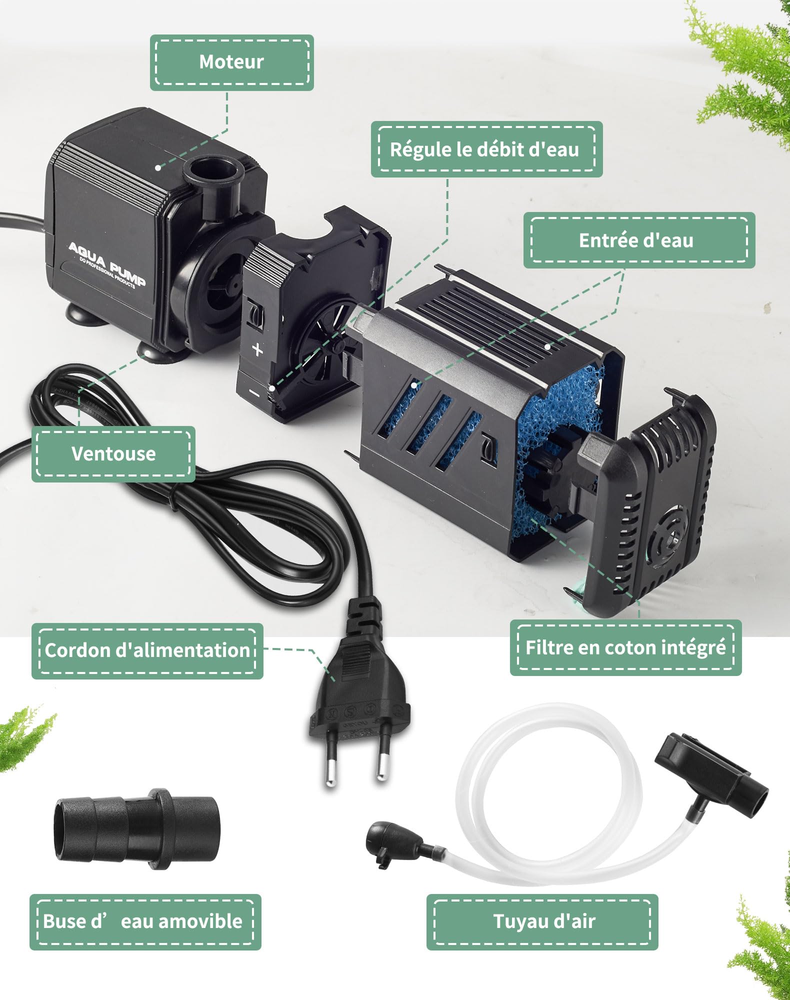 Filtre Intérieur Aquarium 500L/H 6W Pompe Aquarium Réglable à Débit d’Eau Filtre Interne pour Aquarium de 30 à 500L avec Éponges Filtrantes pour Poisson