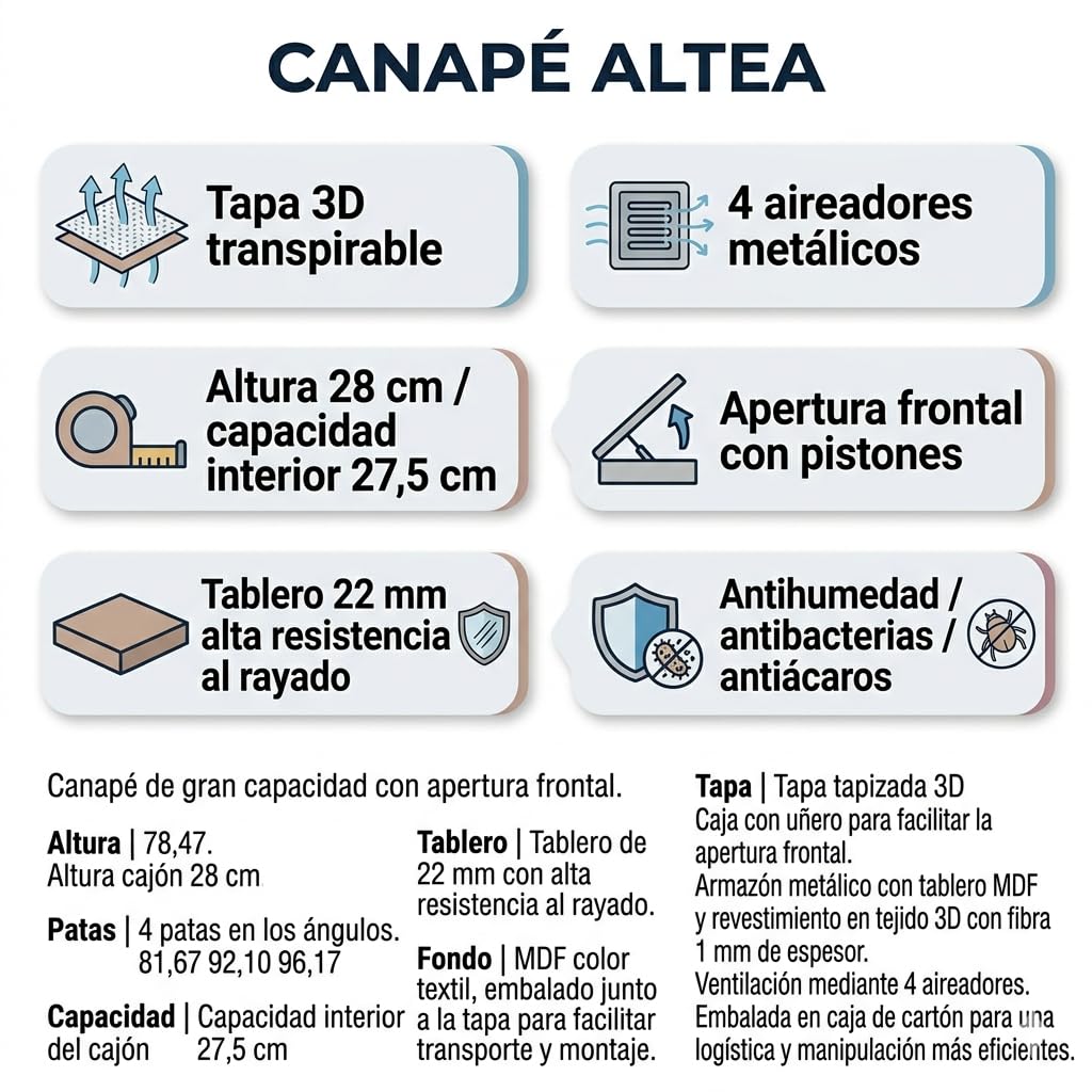 Shiito - Canapé Abatible Altea 90x190 cm Gran Capacidad Tapa 3D Transpirable Blanco