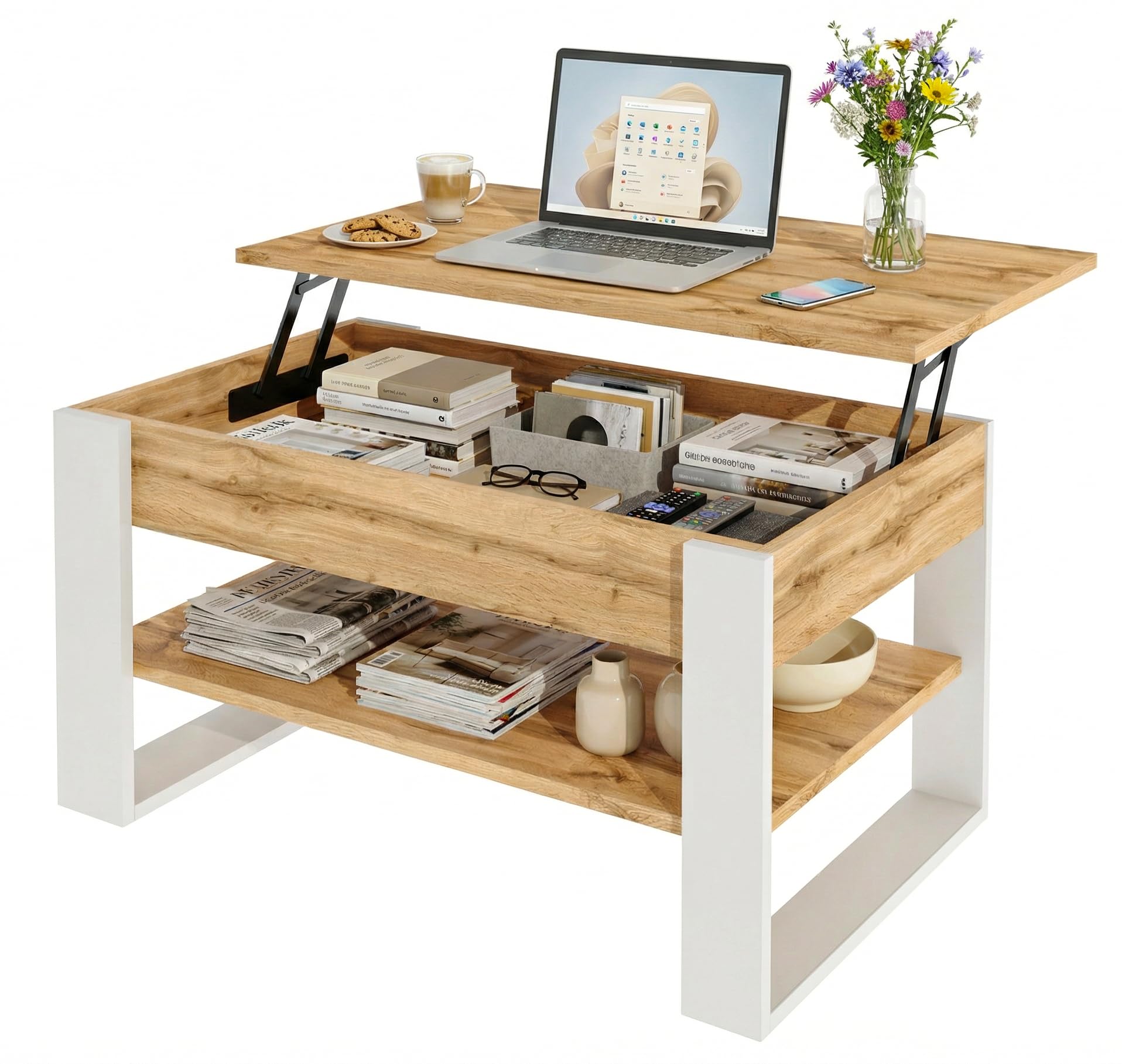 möbelkap Couchtisch mit anhebbarer Platte | Höhenverstellbarer Wohnzimmertisch mit Stauraum | modern mit Ablage & verstecktem Fach – Coffee Table für Wohnzimmer & Büro