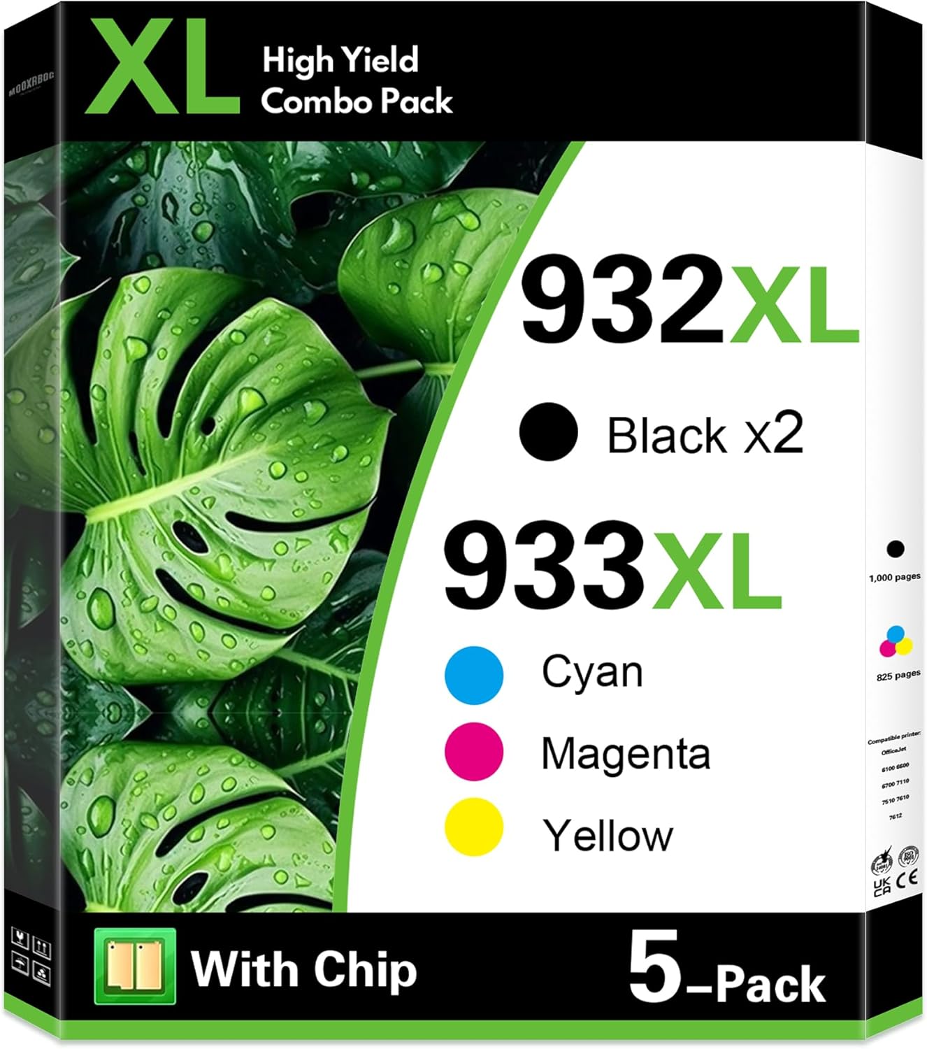 932XL 933XL Ink Cartridges Combo Pack High-Yield (5-Pack, 2Black/1Cyan/1Magenta/1Yellow) Replacement for HP 932XL 933XL Ink Cartridges work for OfficeJet 6100 6600 6700 7110 7510 7610 7612 Printer