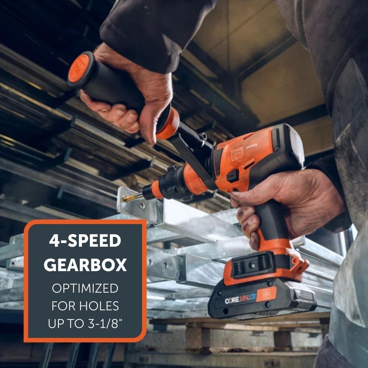 Worker operating the Fein 18V drill with an auxiliary handle, highlighting the 4-speed gearbox.