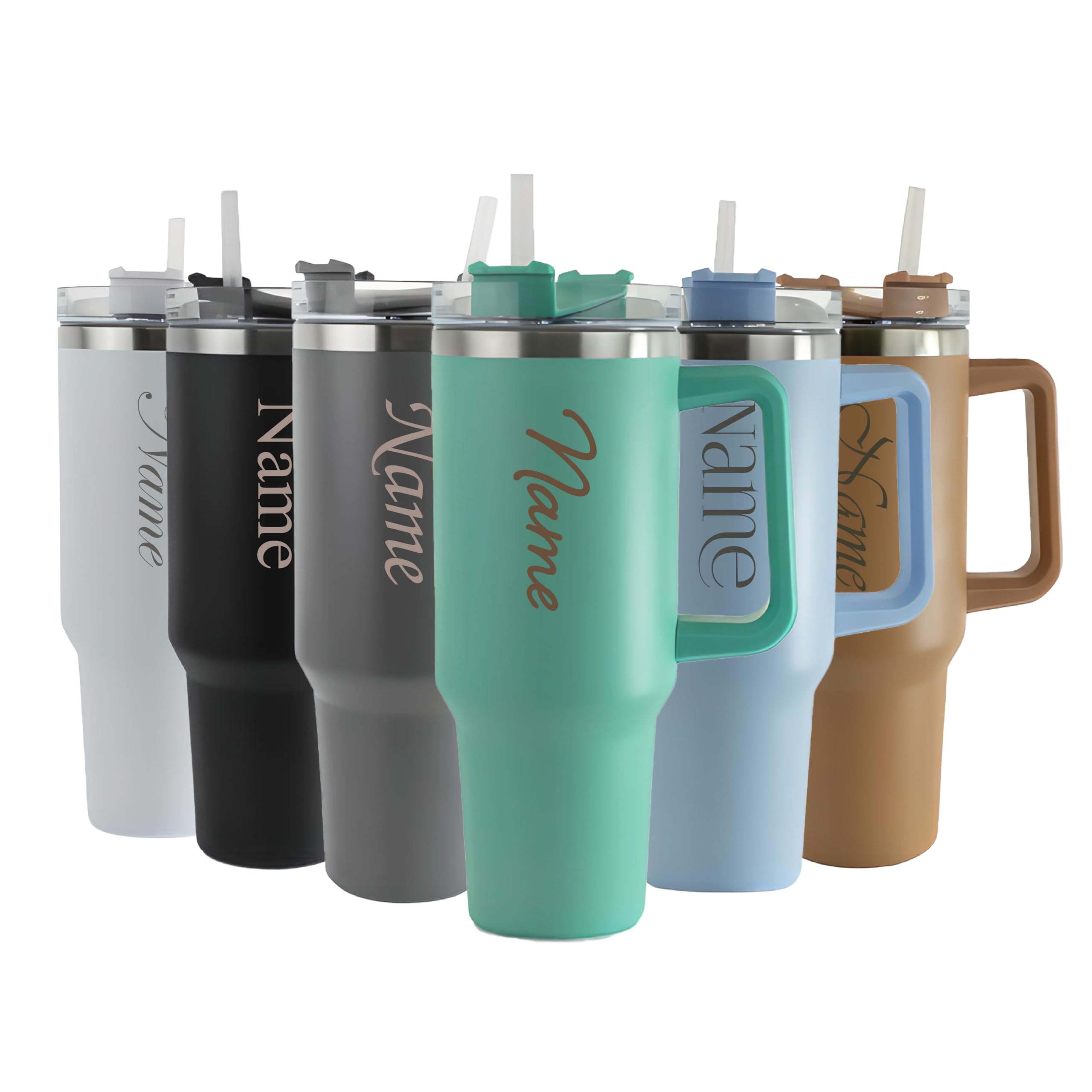 Gobelet isotherme gravé personnalisable, 1135 ml, grande tasse à café de voyage bleu sarcelle, personnalisable avec n'importe quel nom et police de caractère, en acier inoxydable, paille et poignée