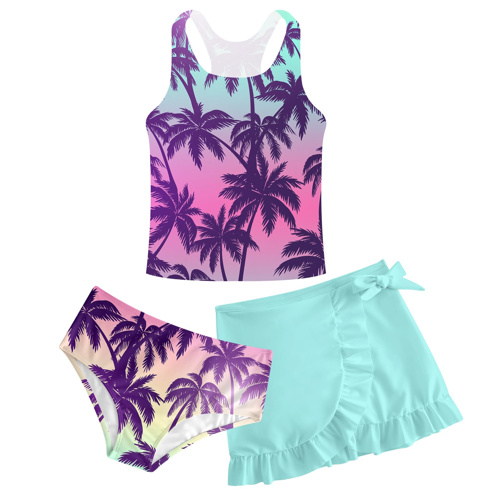 Girls Swimsuits 3 Piece Tankini Bathing Suit Set Cute Bikini Swimwear 5-16Y