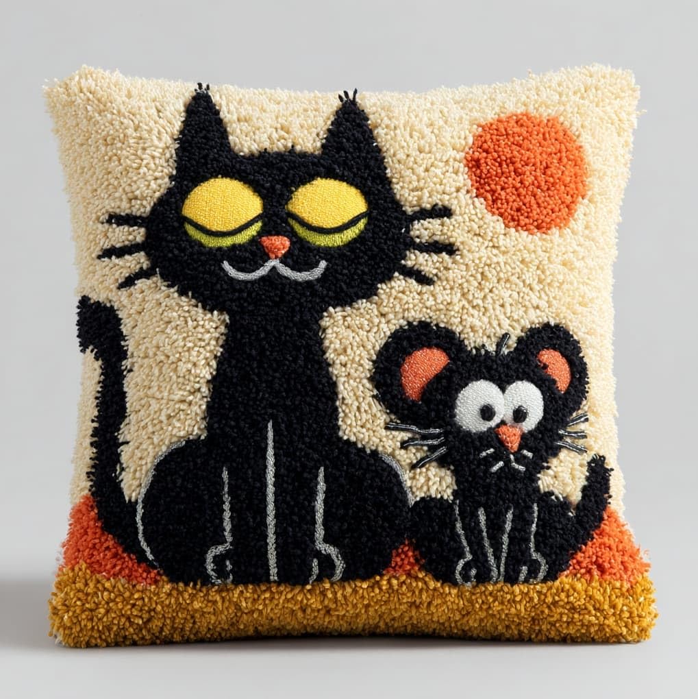 Wallustrioaw Black Latch Hook Cushion Cover Kit, Cat And Mouse,Pillow Case Rug Cover Kids Beginner Diy Needlework Embroidery Kits Handmade Set,17X17in