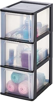 Iris Ohyama Plastic Storage Drawers Unit, 3 Deep Drawers, Black, Easy-Pull Drawers, A4, A5 & A6 Format, File Organiser, For Office, School, Stationary, BPA Free, Chest, Tower, OCH-2300
