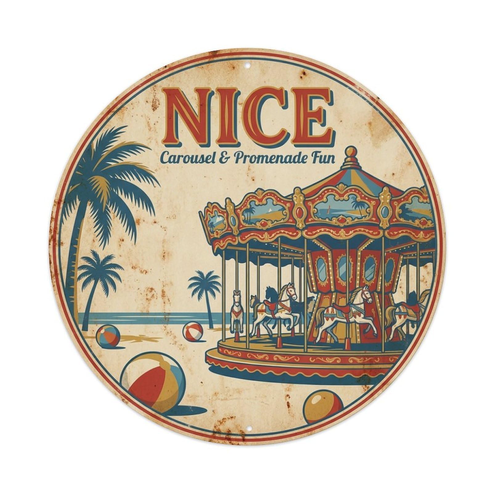 Nice Carousel Promenade Fun Coastal Route Travel Metal Tin Sign