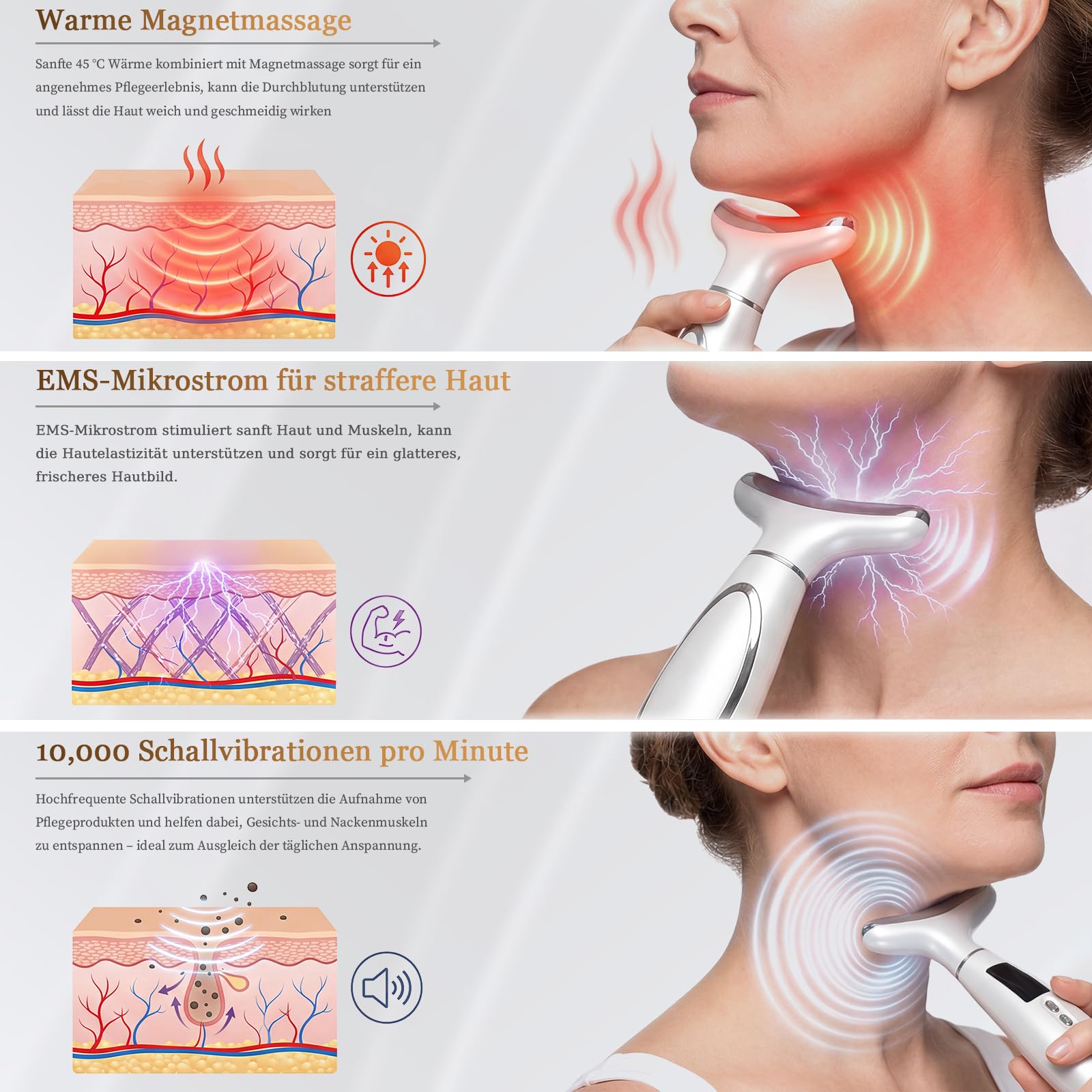 Gesichtsmassagegerät, EMS Gerät Gesicht gegen Falten, Face Massager mit 5°C Kühlung & 45°C Wärme, 6 Modi, 7 Farben LED Lichttherapie, Face Lifting Gerät für Gesicht & Hals Straffen - Weiß
