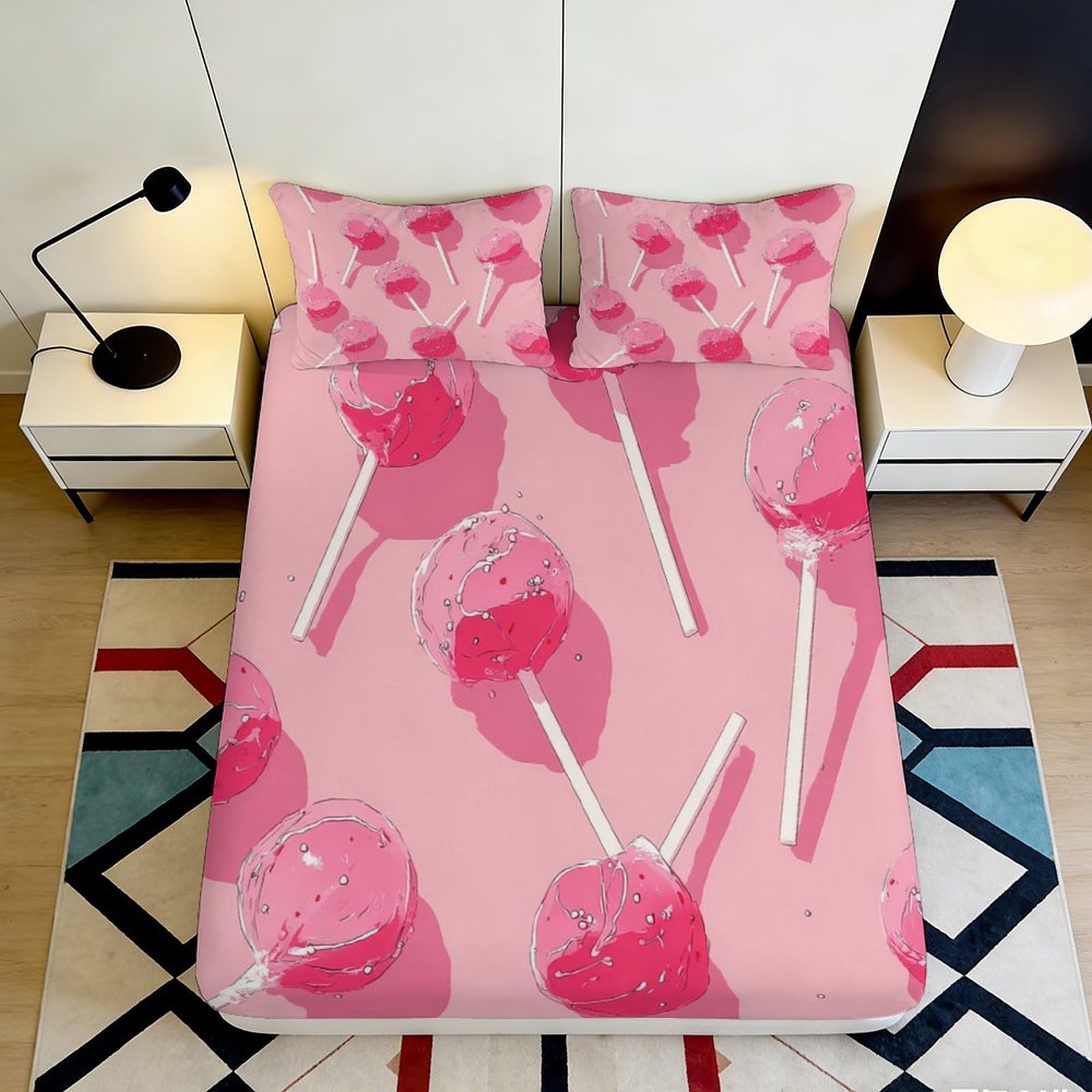 3D Printed Pink Lollipop Fitted Sheet Microfiber Soft Breathable Candy Mattress Cover for Bedroom Dormitory Guest Room Mattress Protection Decor 160x200x25cm