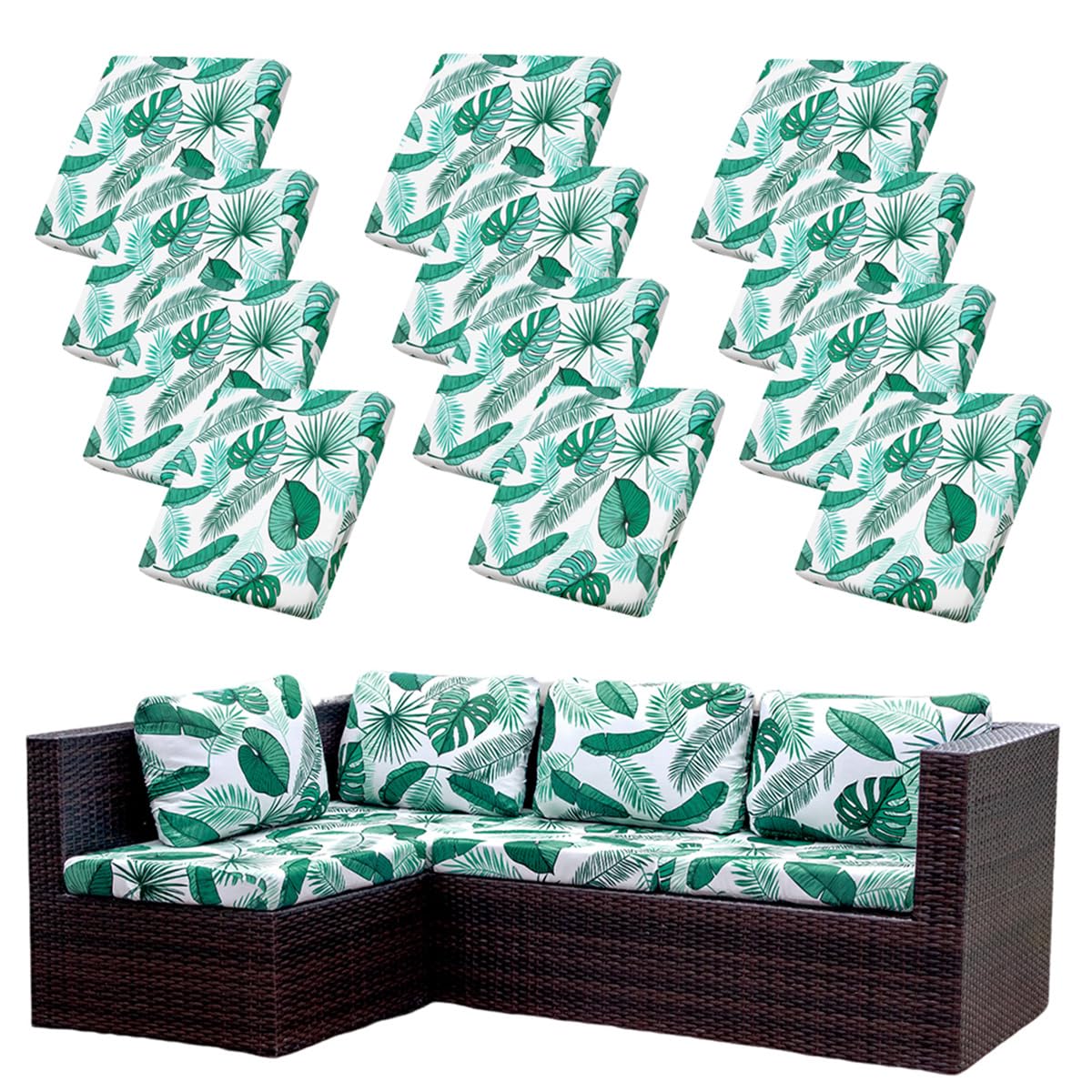 Hiseng 8/12 PCS Outdoor Patio Cushion Covers Replacement for Garden Furniture Patio Chair Pad Sofa Seat Cushion, 3D Palm Leaf Print Soft Stretch Washable Sofa Slicover (Banana Leaf,12PCS)