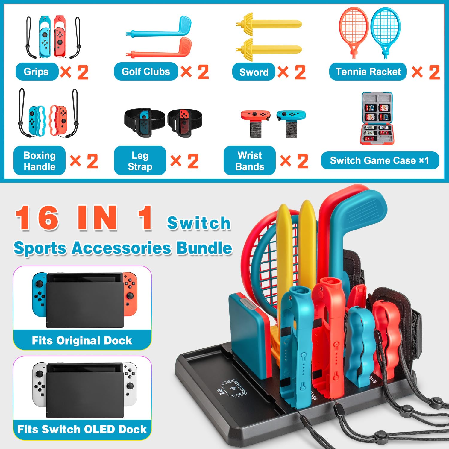 16-in-1 Accessori per Switch Sport, Accessori per Nintendo Switch Sport/Switch Joycon, Regalo di Natale Set di Gioco per Famiglia con Griff Organizer Joycon Compatibile con Switch 2 2025