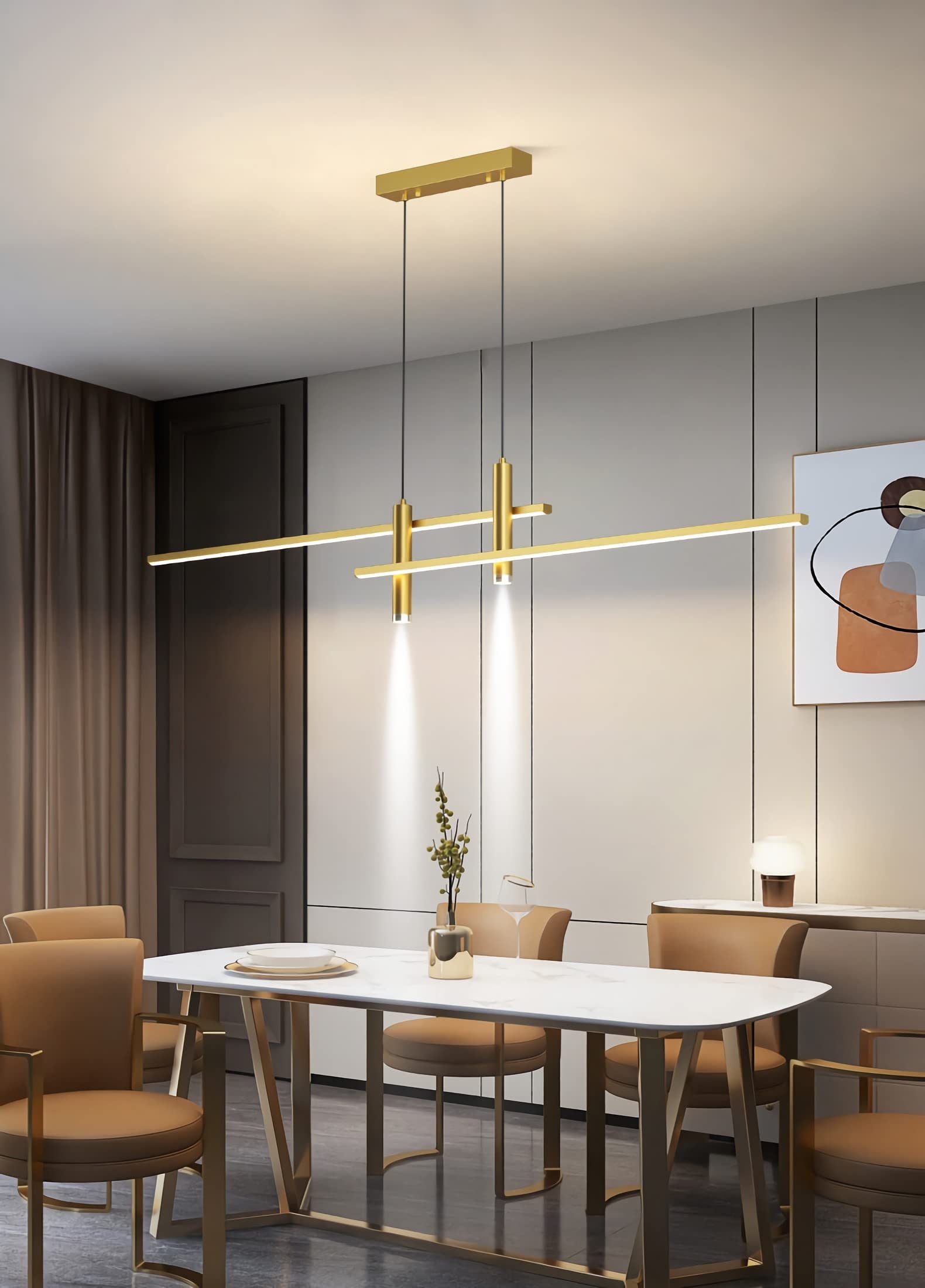 Bellastein Modern LED Pendant Lamp Dining Table Pendant Lamp Dimmable with Remote Control Dining Room Pendant Lamp Height Adjustable Chandelier for Living Room Office Pendant Lamp (Gold, L90cm) — image 1